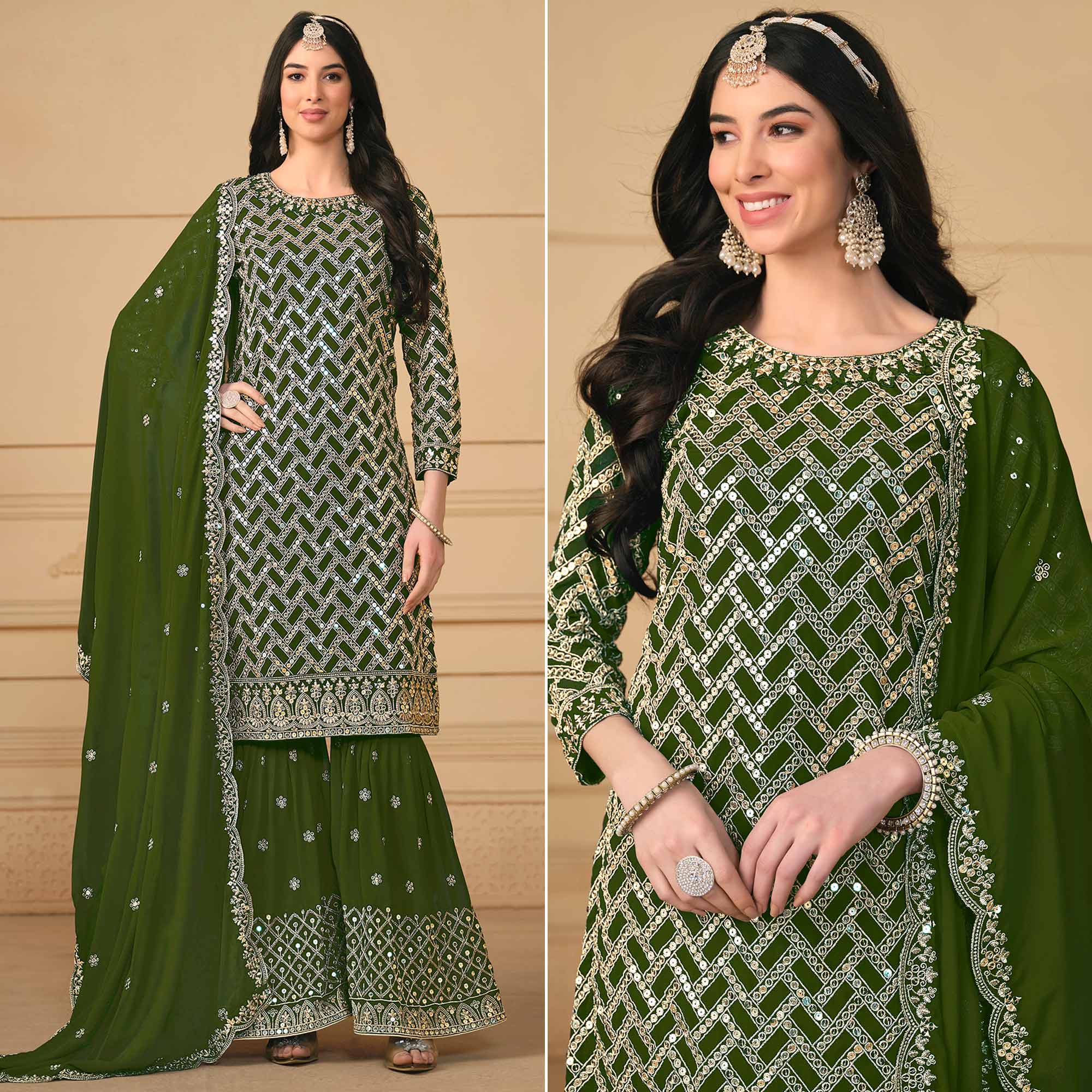 Green Sequins Embroidered Georgette Semi Stitched Sharara Suit