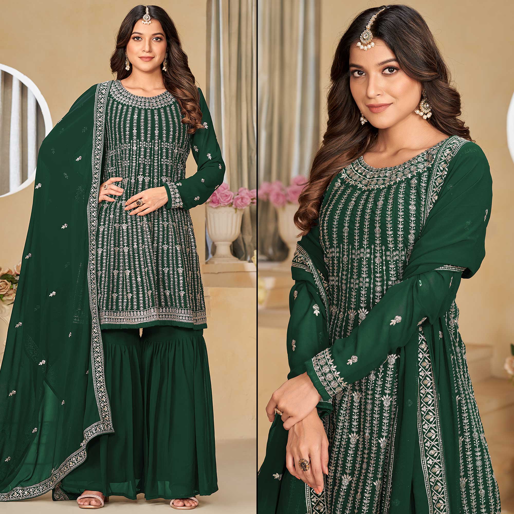 Green Floral Sequins Embroidered Georgette Semi Stitched Sharara Suit