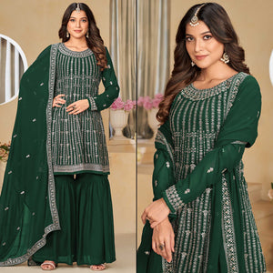 Green Floral Sequins Embroidered Georgette Semi Stitched Sharara Suit