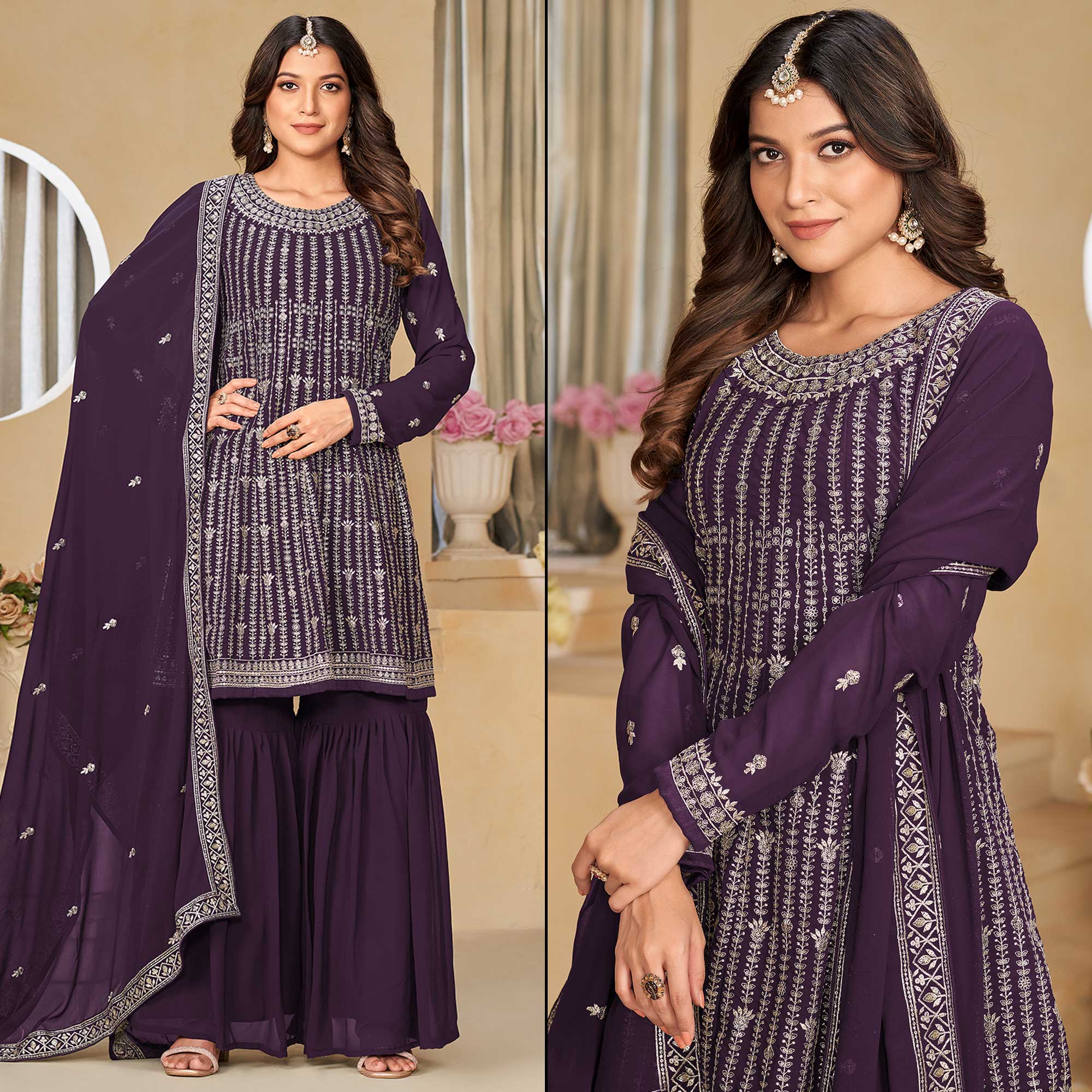 Purple Floral Sequins Embroidered Georgette Semi Stitched Sharara Suit