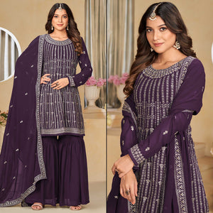 Purple Floral Sequins Embroidered Georgette Semi Stitched Sharara Suit