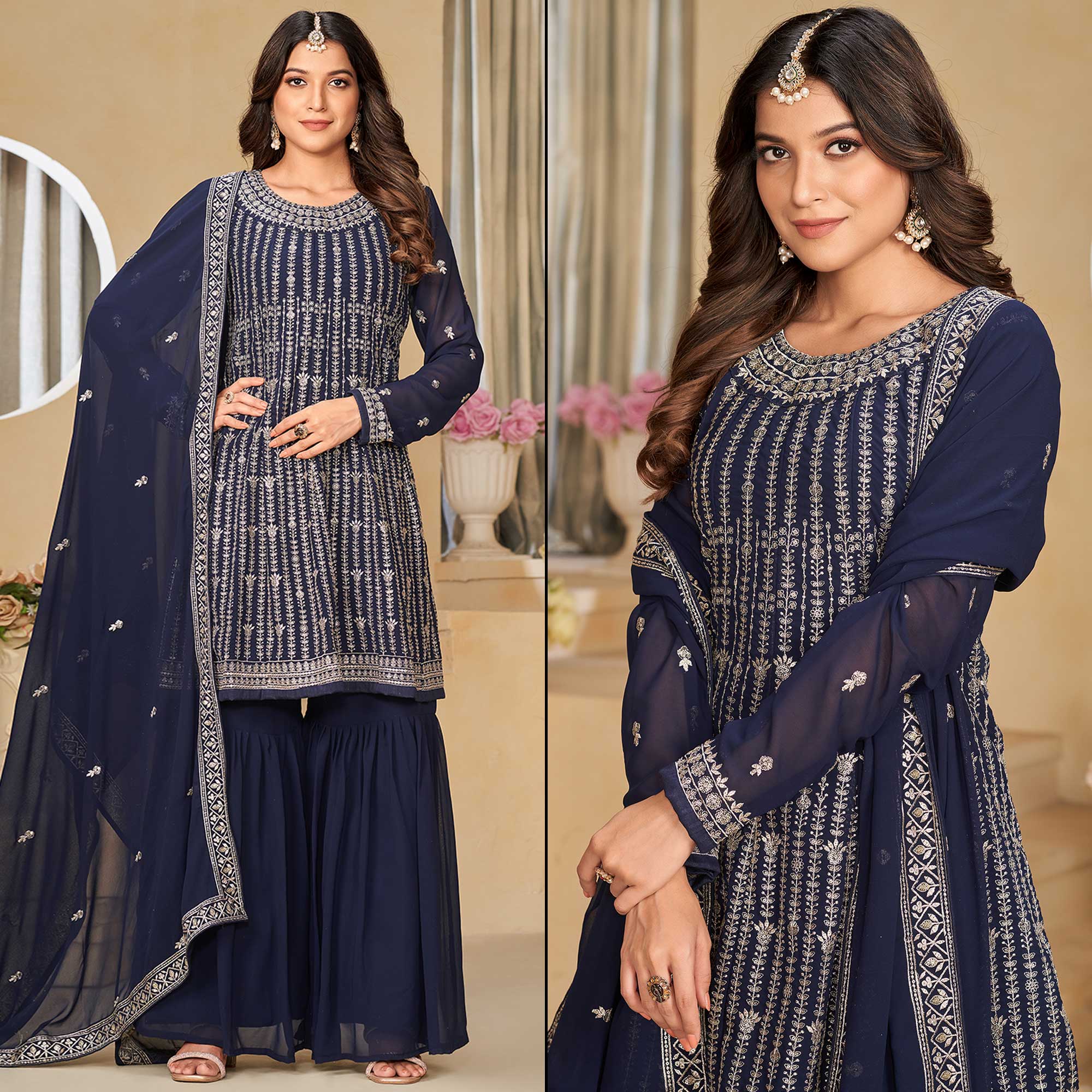 Navy Blue Floral Sequins Embroidered Georgette Semi Stitched Sharara Suit