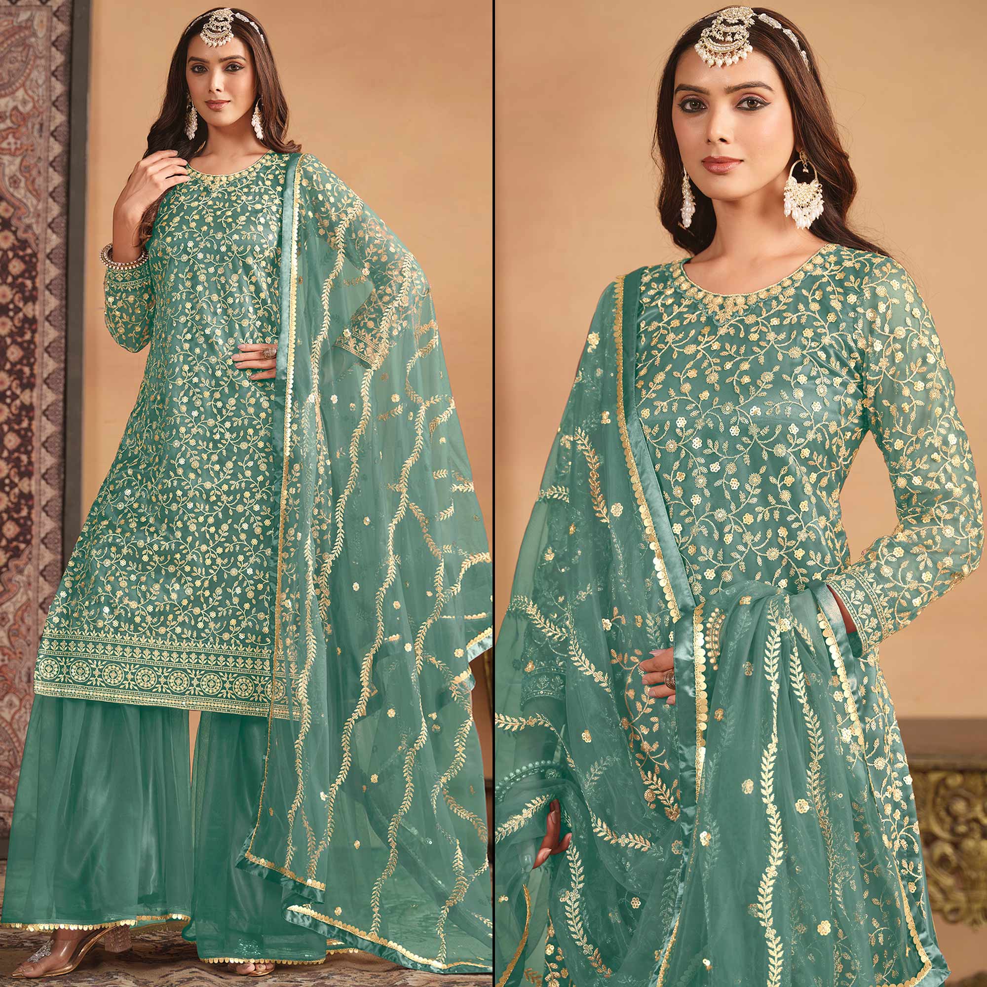 Sea Green Floral Sequins Embroidered Georgette Semi Stitched Sharara Suit