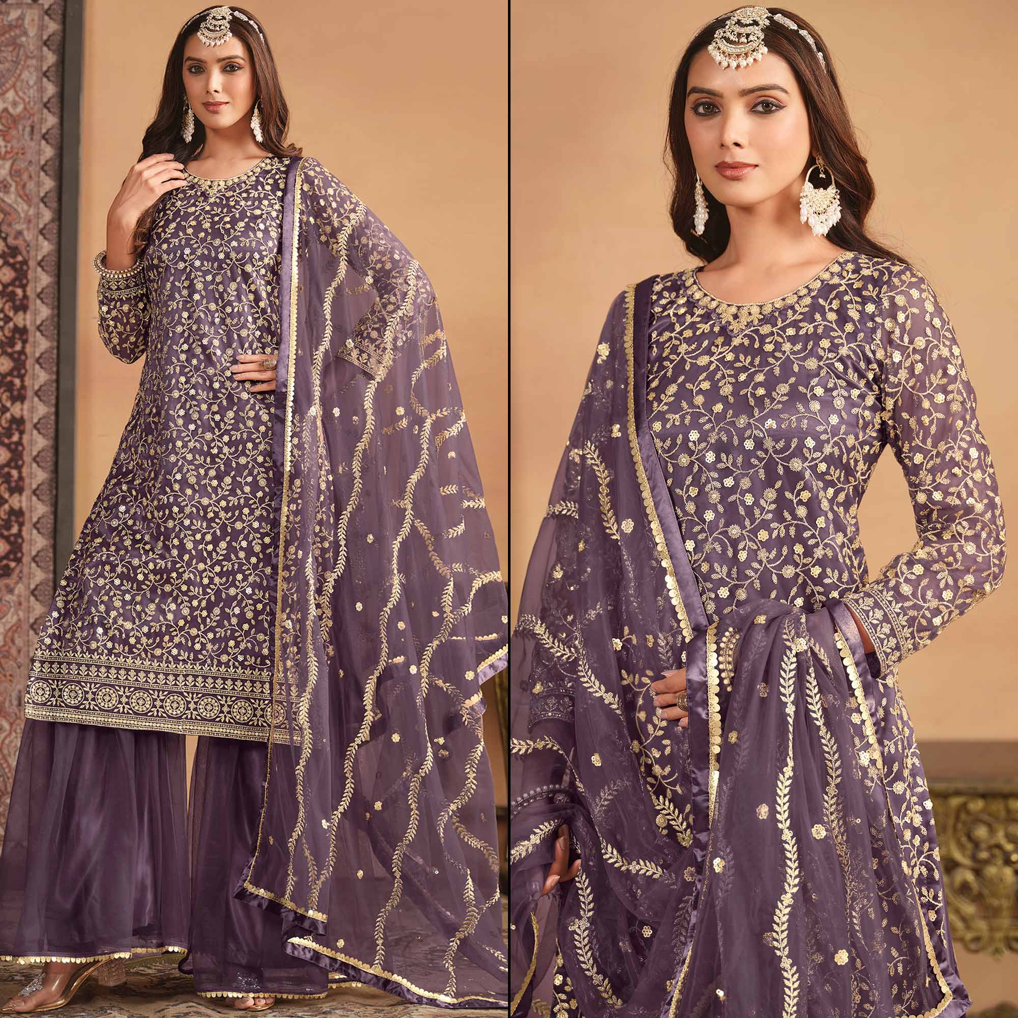 Purple Floral Sequins Embroidered Georgette Semi Stitched Sharara Suit