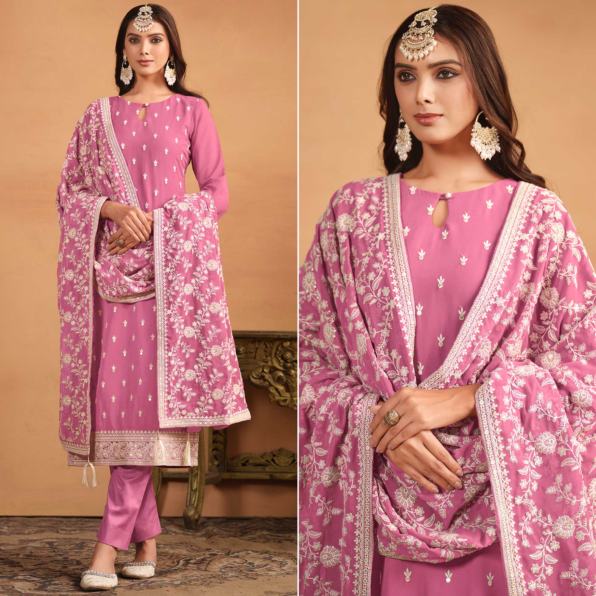 Pink Sequins Embroidered Georgette Semi Stitched Salwar Suit