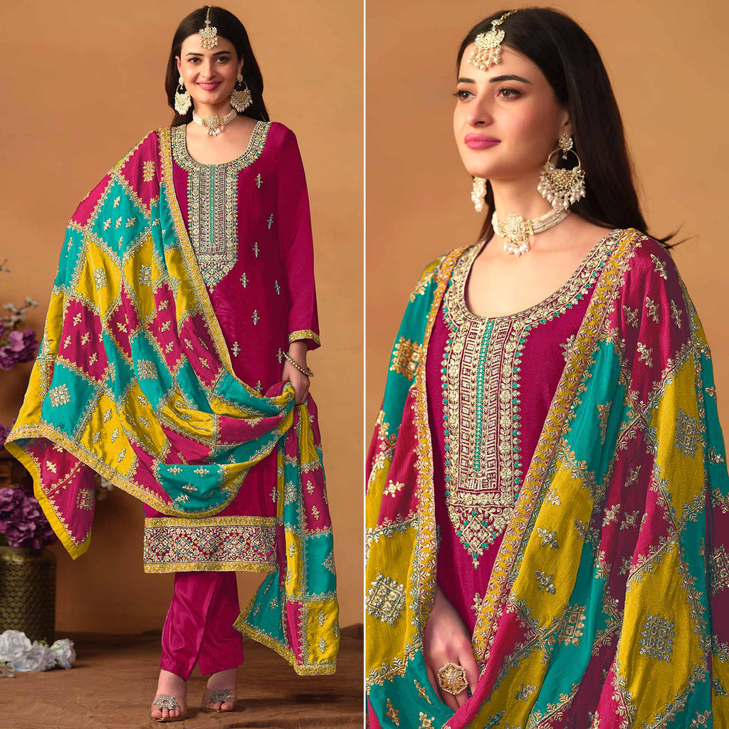 Women Boutique Collection Handwork Cotton Silk Semi Stitched Suit with Bottom and Dupatta
