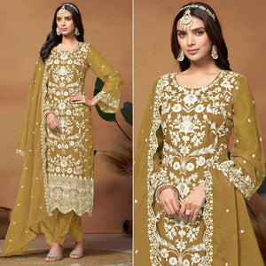 Mustard Floral Sequins Embroidered Organza Semi Stitched Salwar Suit