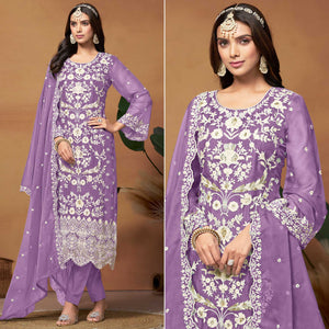 Purple Floral Sequins Embroidered Organza Semi Stitched Salwar Suit