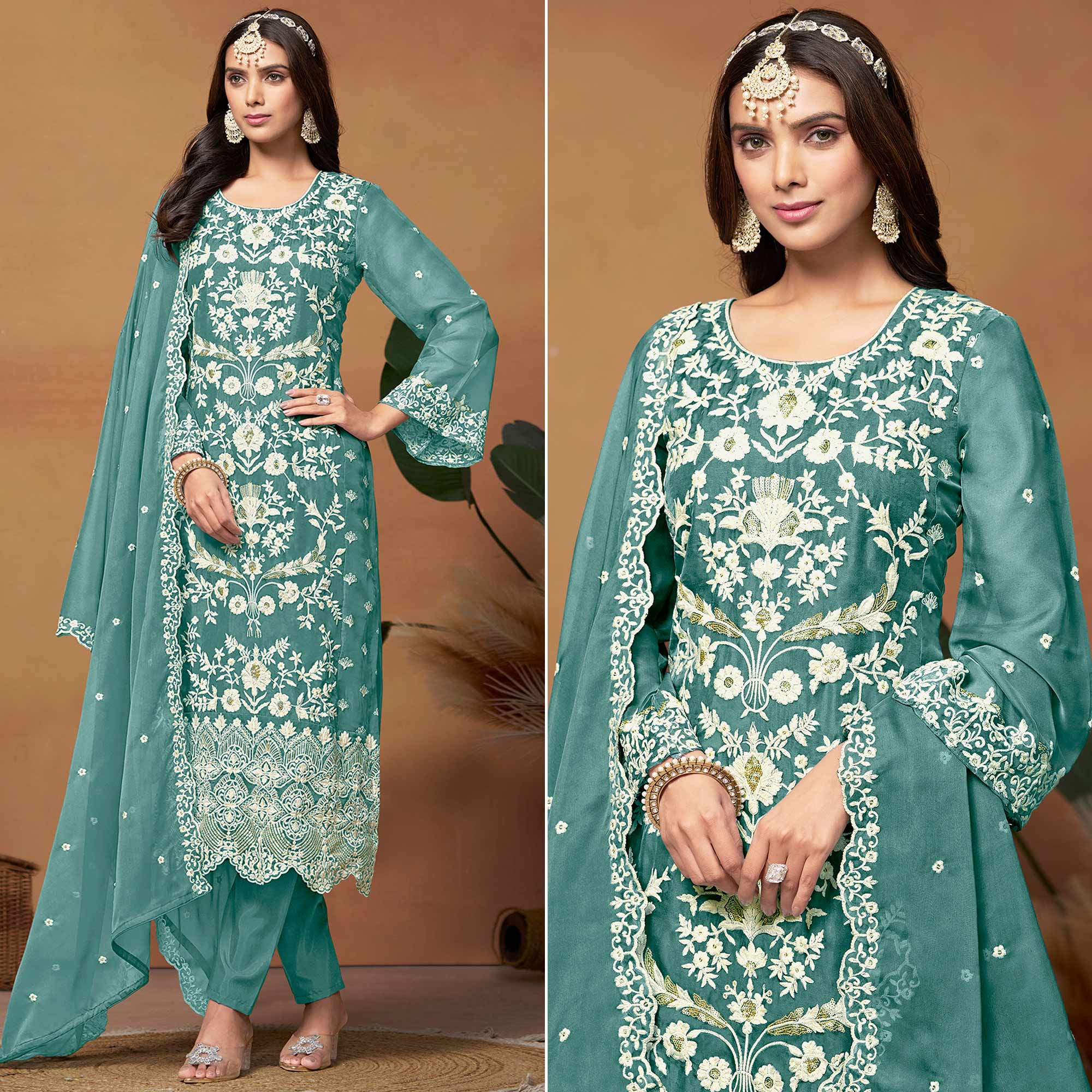 Blue Floral Sequins Embroidered Organza Semi Stitched Salwar Suit