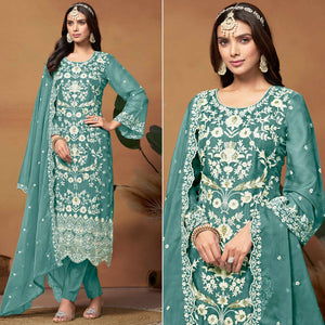 Blue Floral Sequins Embroidered Organza Semi Stitched Salwar Suit