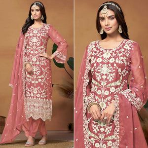 Peach Floral Sequins Embroidered Organza Semi Stitched Salwar Suit
