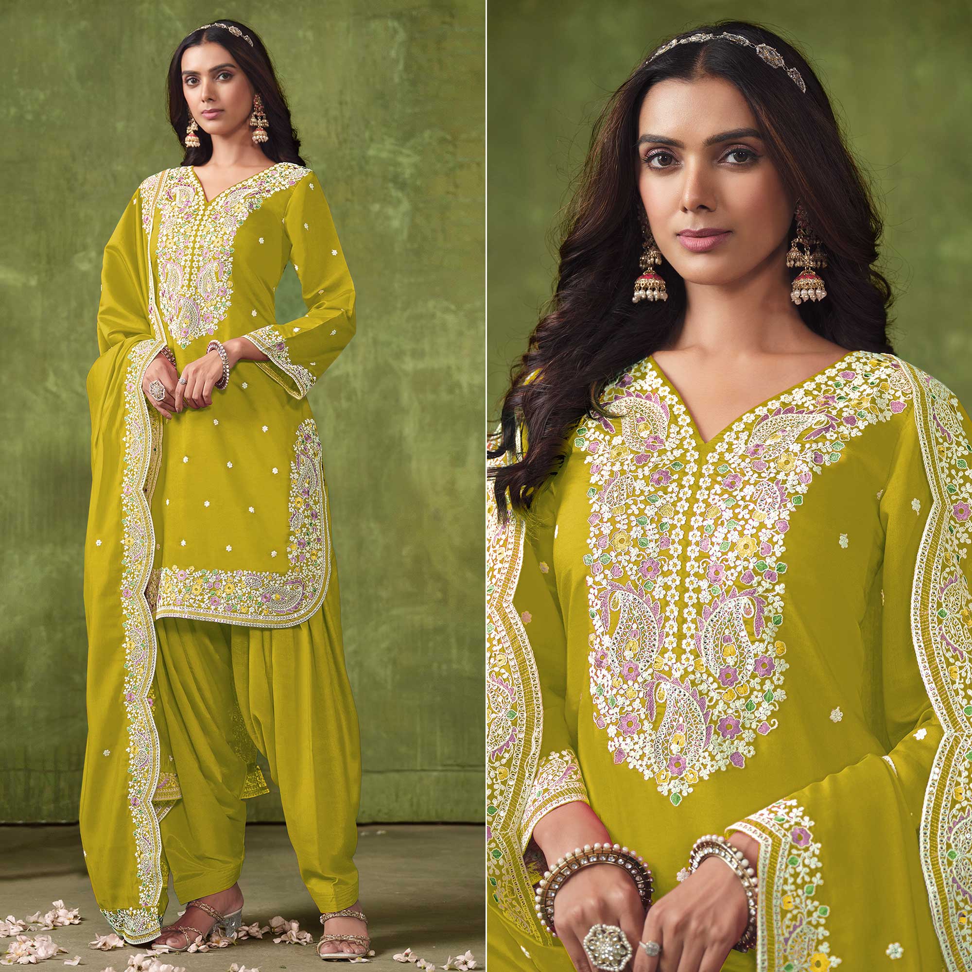 Olive Floral Embroidered Pure Silk Unstitched Dress Material