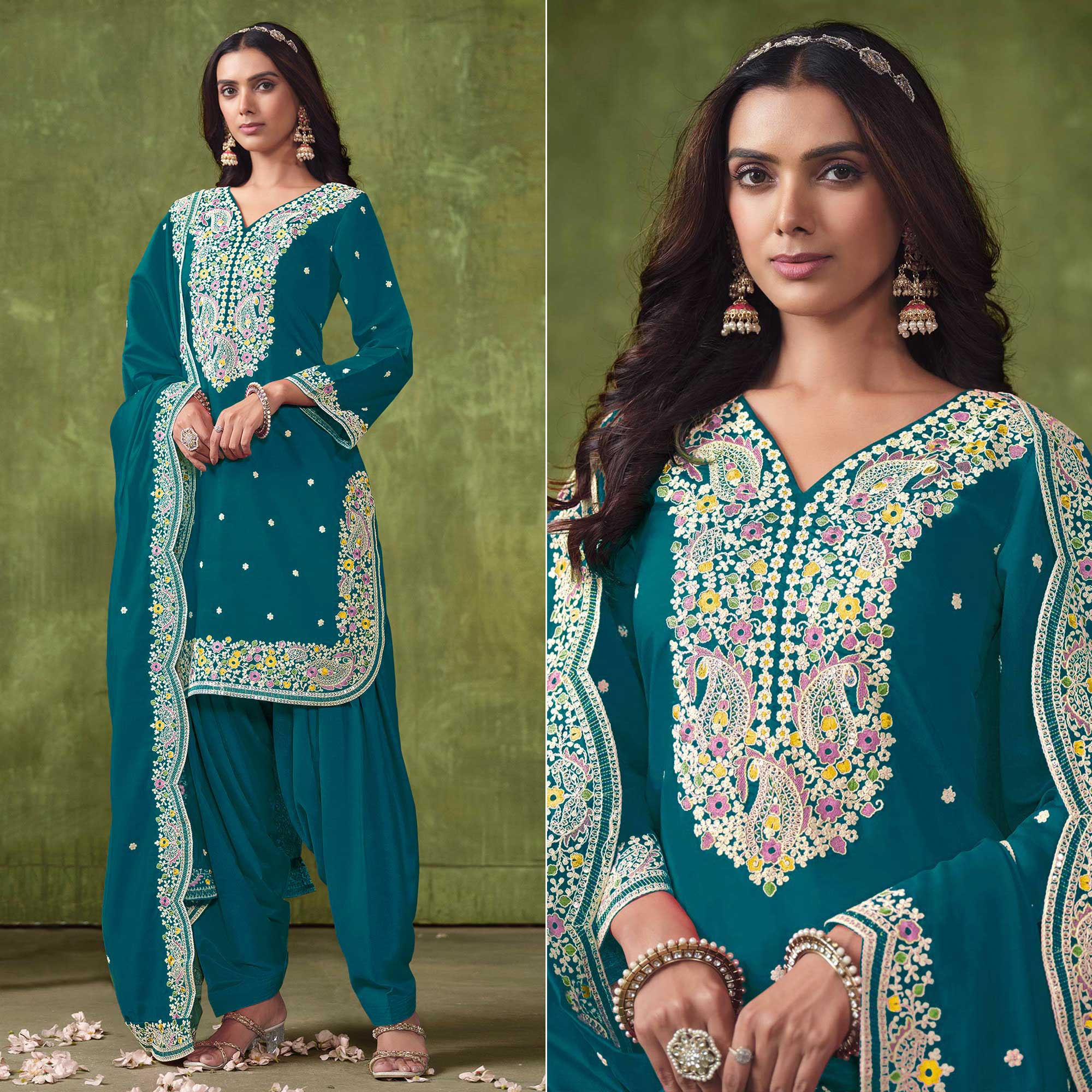 Teal Floral Embroidered Pure Silk Unstitched Dress Material