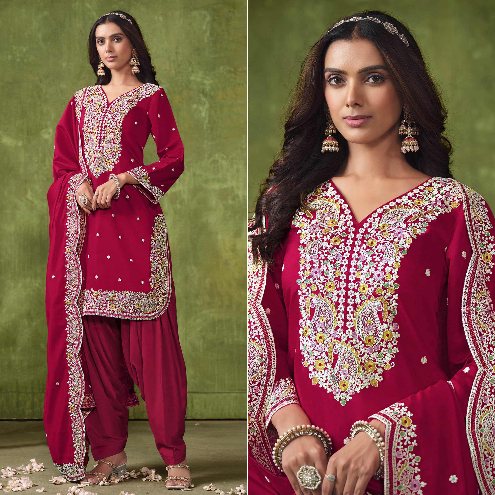 Pink Floral Embroidered Pure Silk Unstitched Dress Material