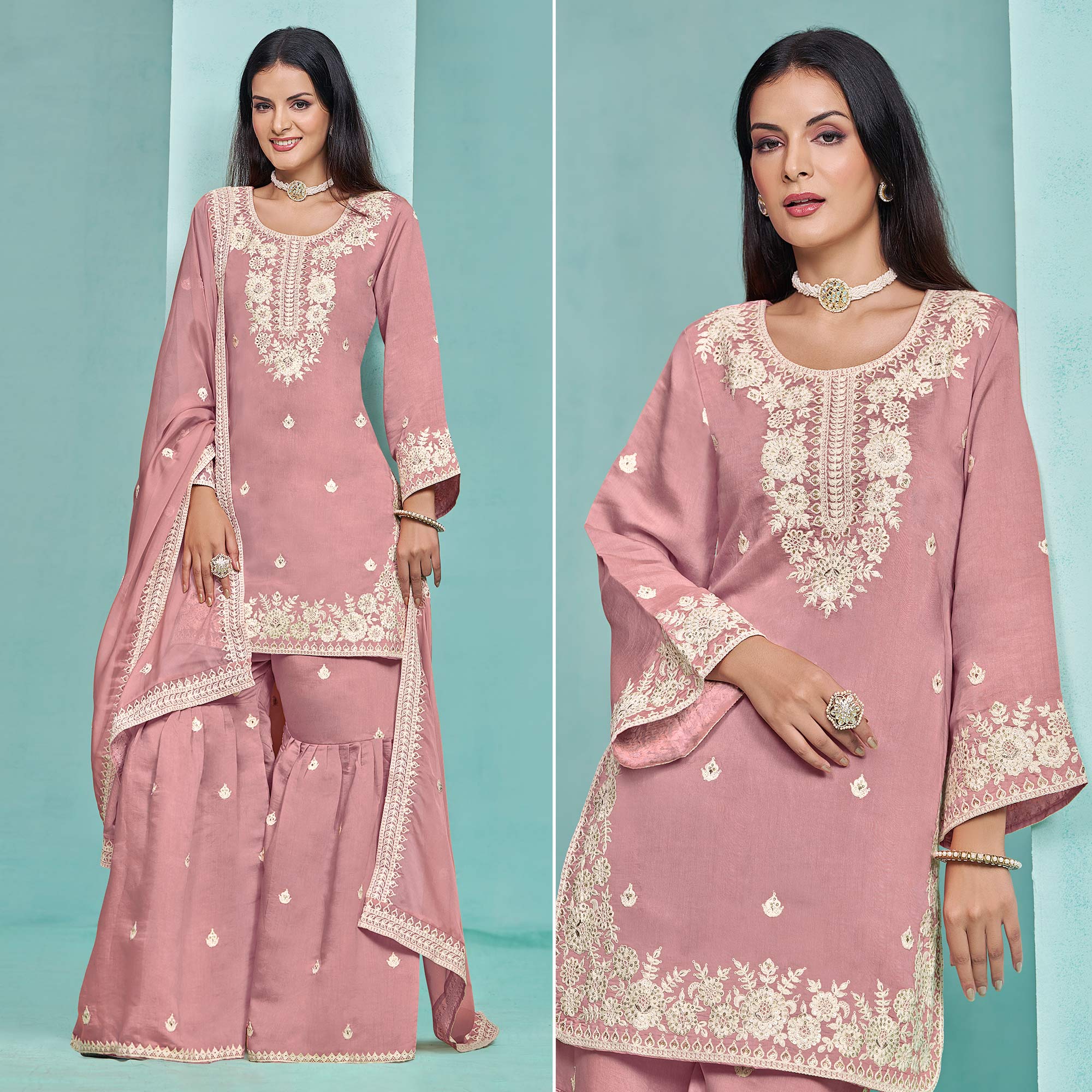 Pink Floral Sequins Embroidered Chanderi Semi Stitched Sharara Suit