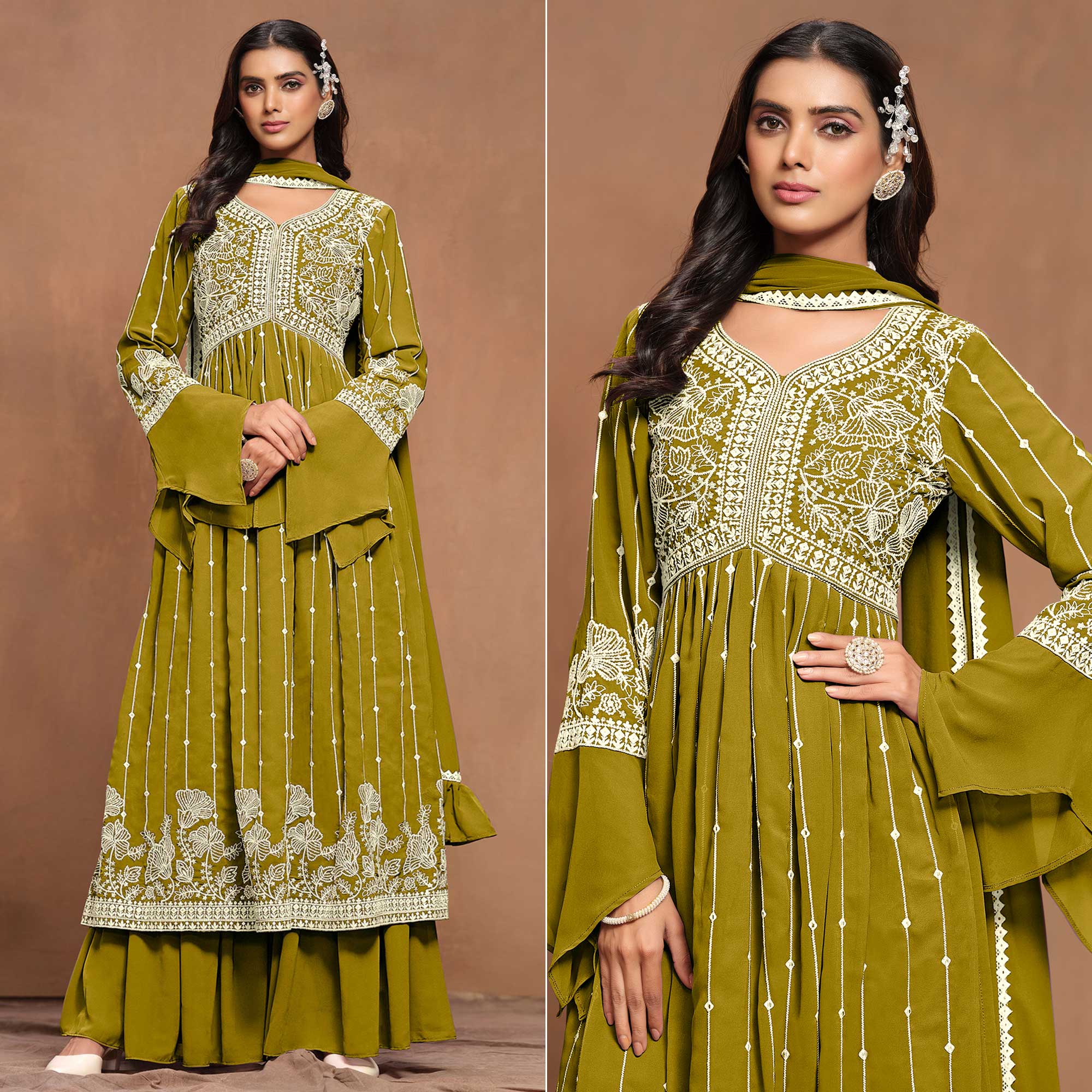 Dark Mustard Floral Embroidered Georgette Semi Stitched Alia Cut Sharara Suit