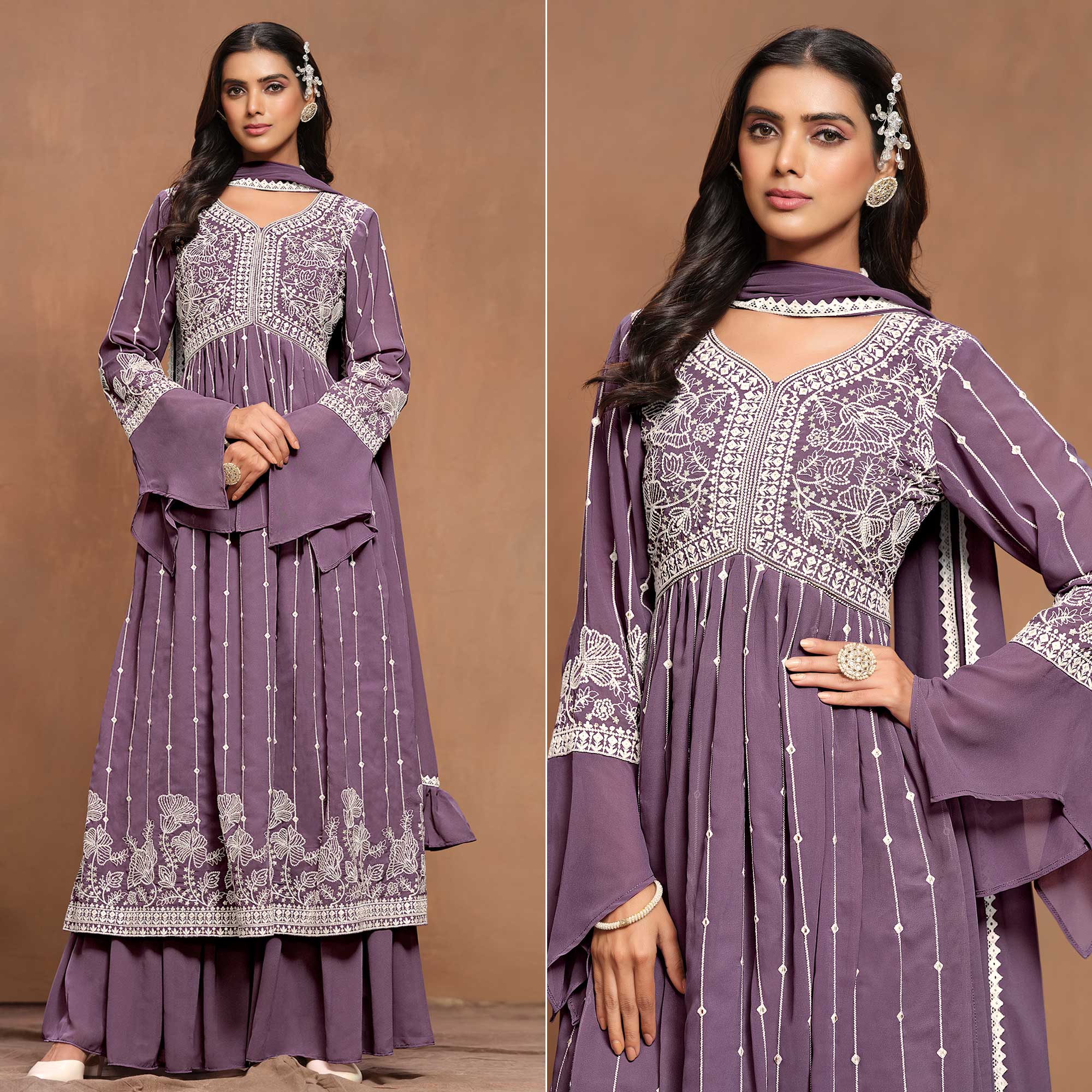 Purple Floral Embroidered Georgette Semi Stitched Alia Cut Sharara Suit