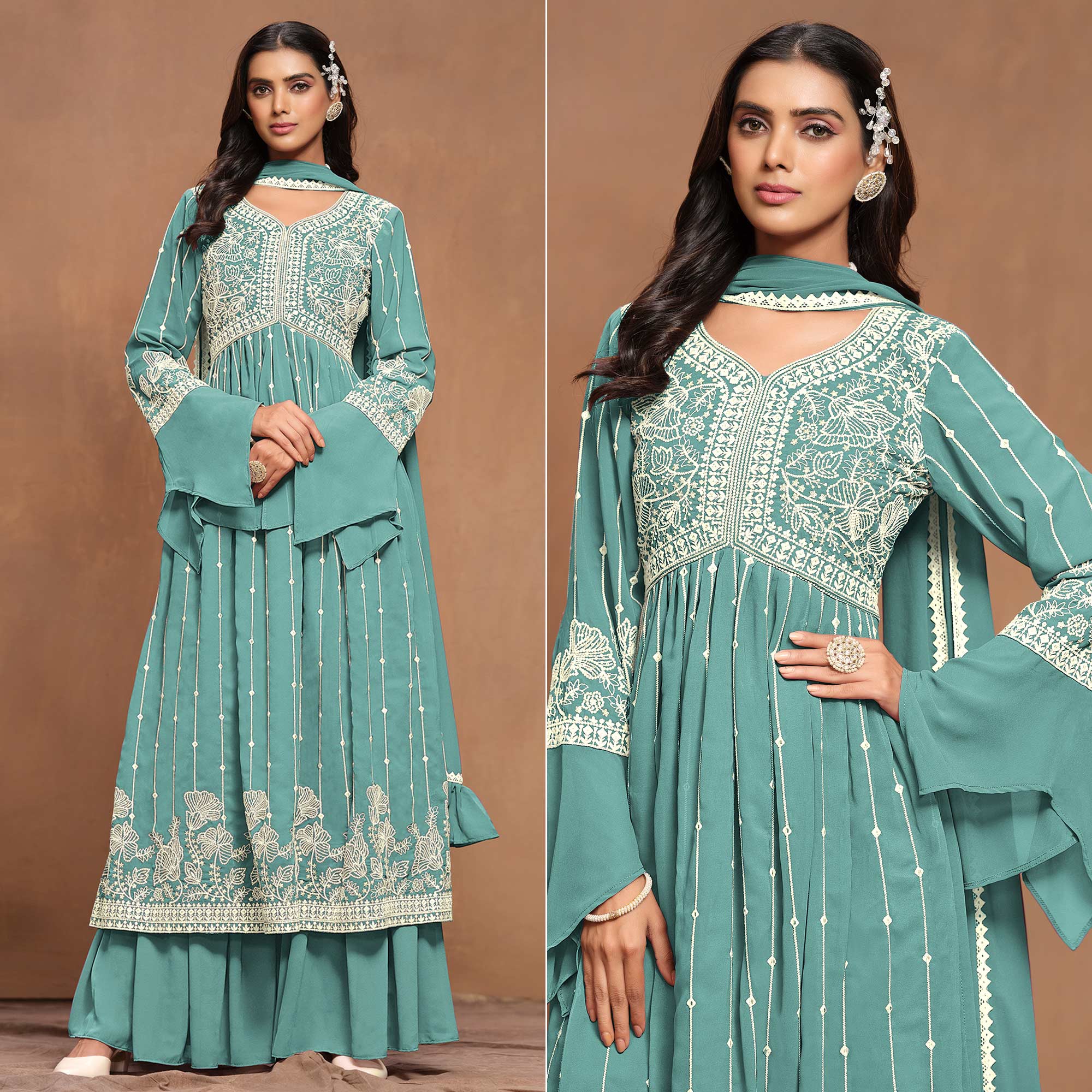 Sky Blue Floral Embroidered Georgette Semi Stitched Alia Cut Sharara Suit