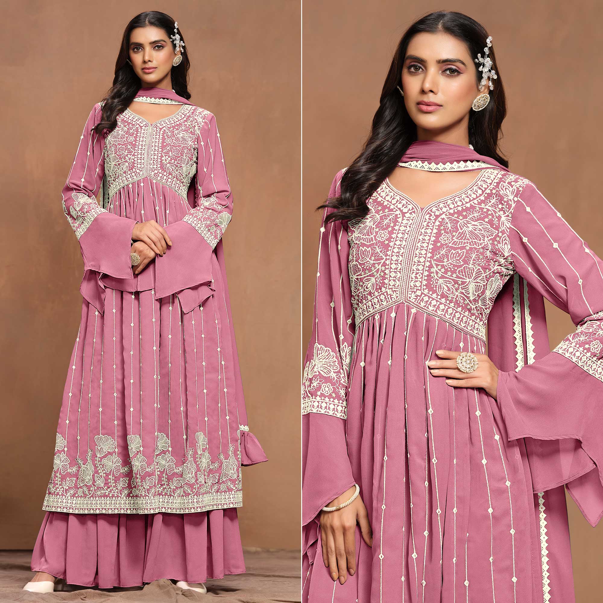 Pink Floral Embroidered Georgette Semi Stitched Alia Cut Sharara Suit