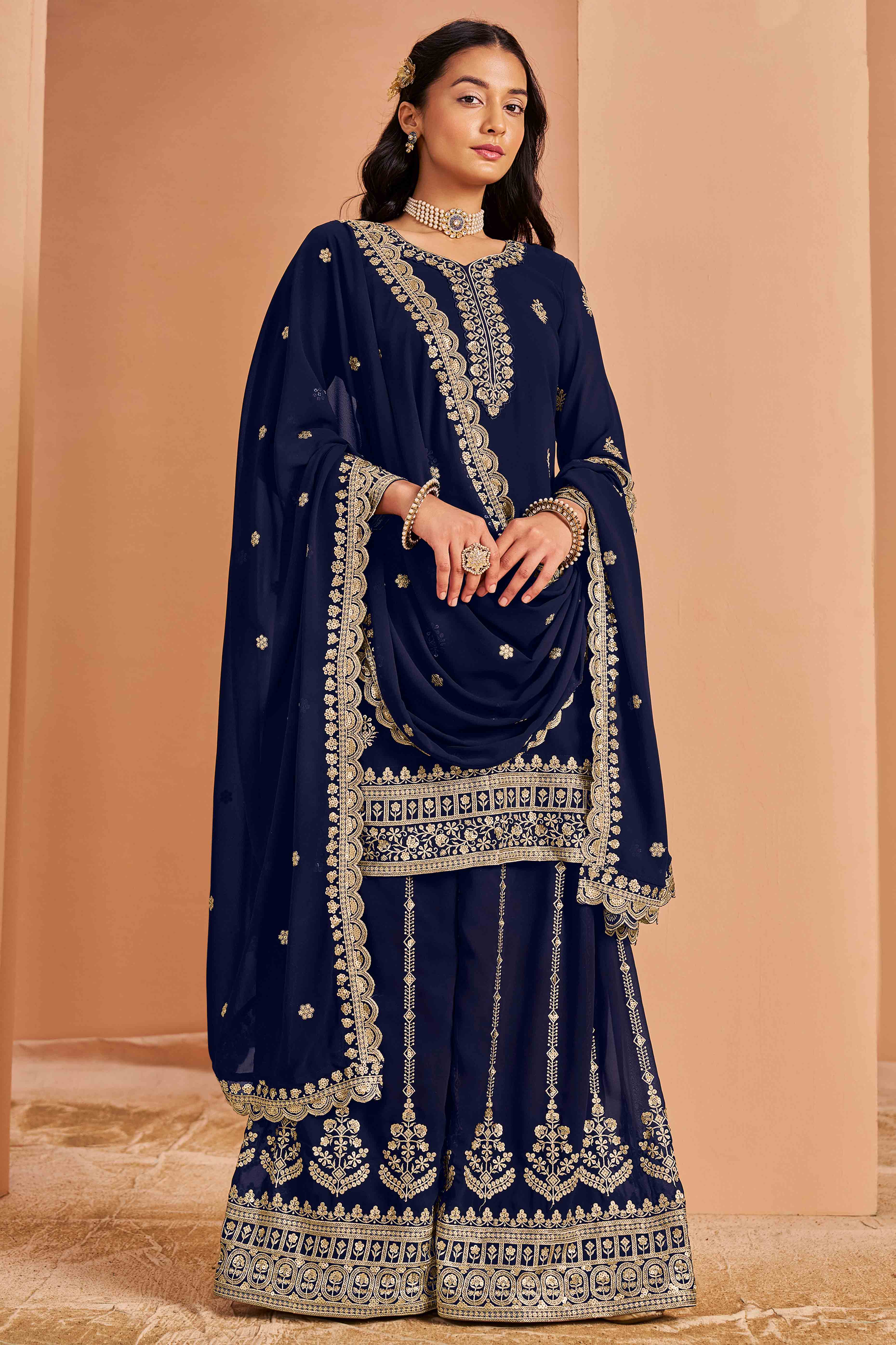 Blue Floral Embroidery Georgette Semi Stitched Palazzo Suit