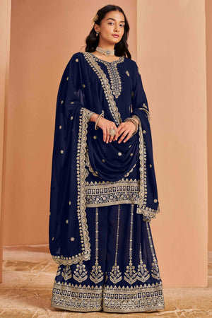 Blue Floral Embroidery Georgette Semi Stitched Palazzo Suit