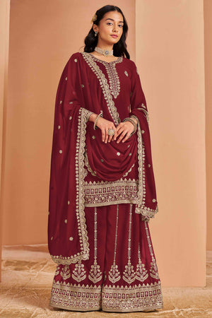Maroon Floral Embroidery Georgette Semi Stitched Palazzo Suit