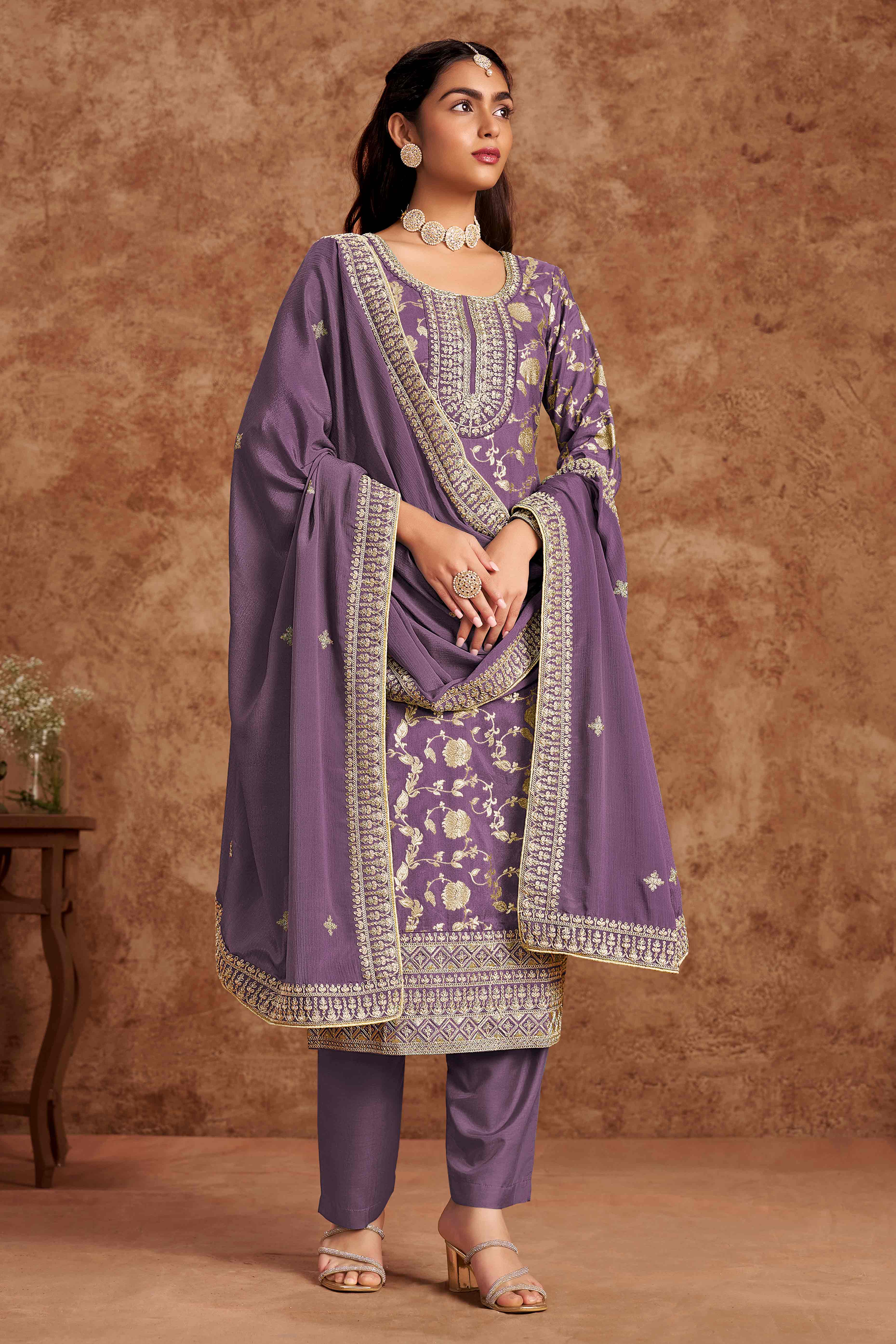 Purple Floral Woven Dola Silk Jacquard Dress Material
