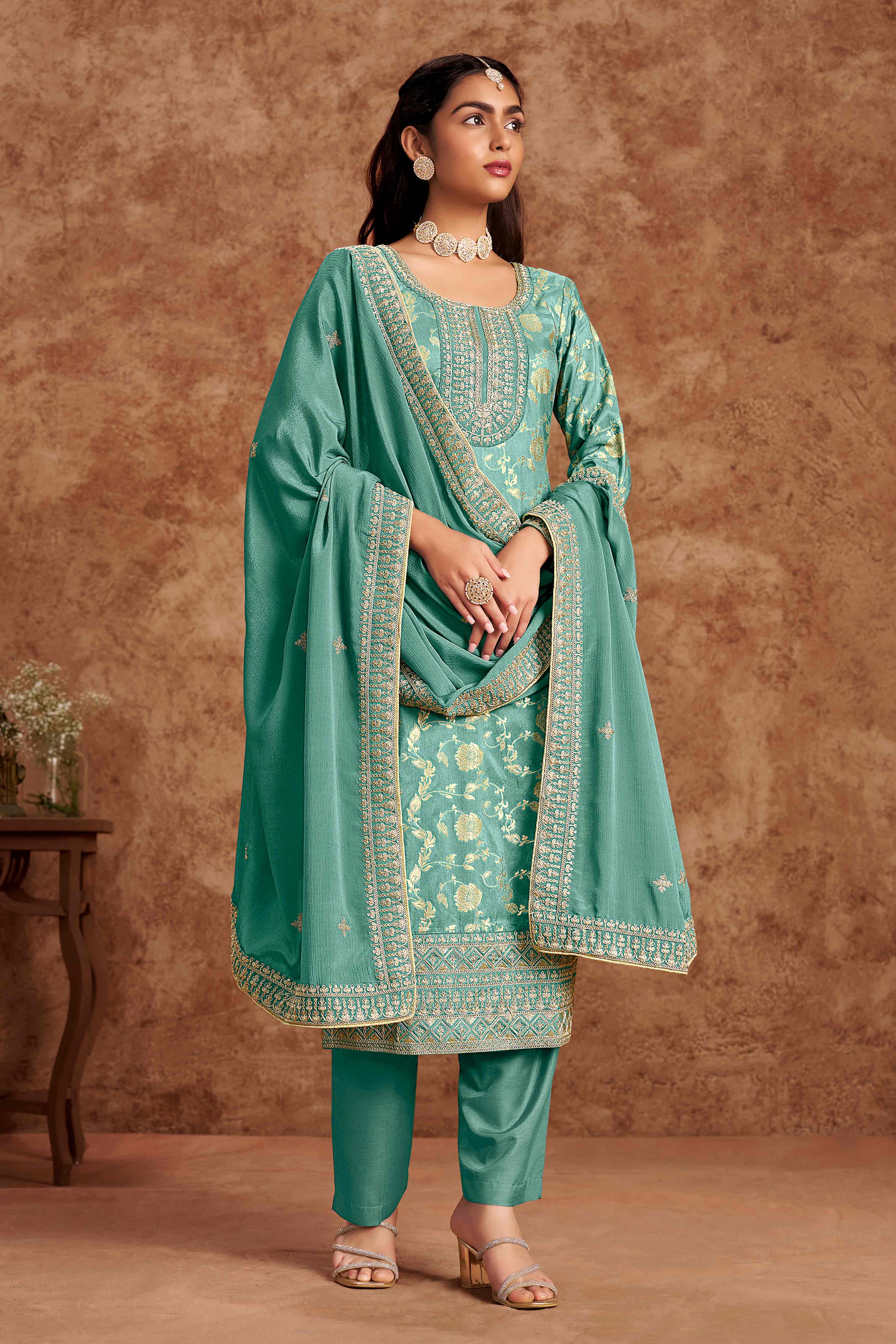 Turquoise Floral Woven Dola Silk Jacquard Dress Material