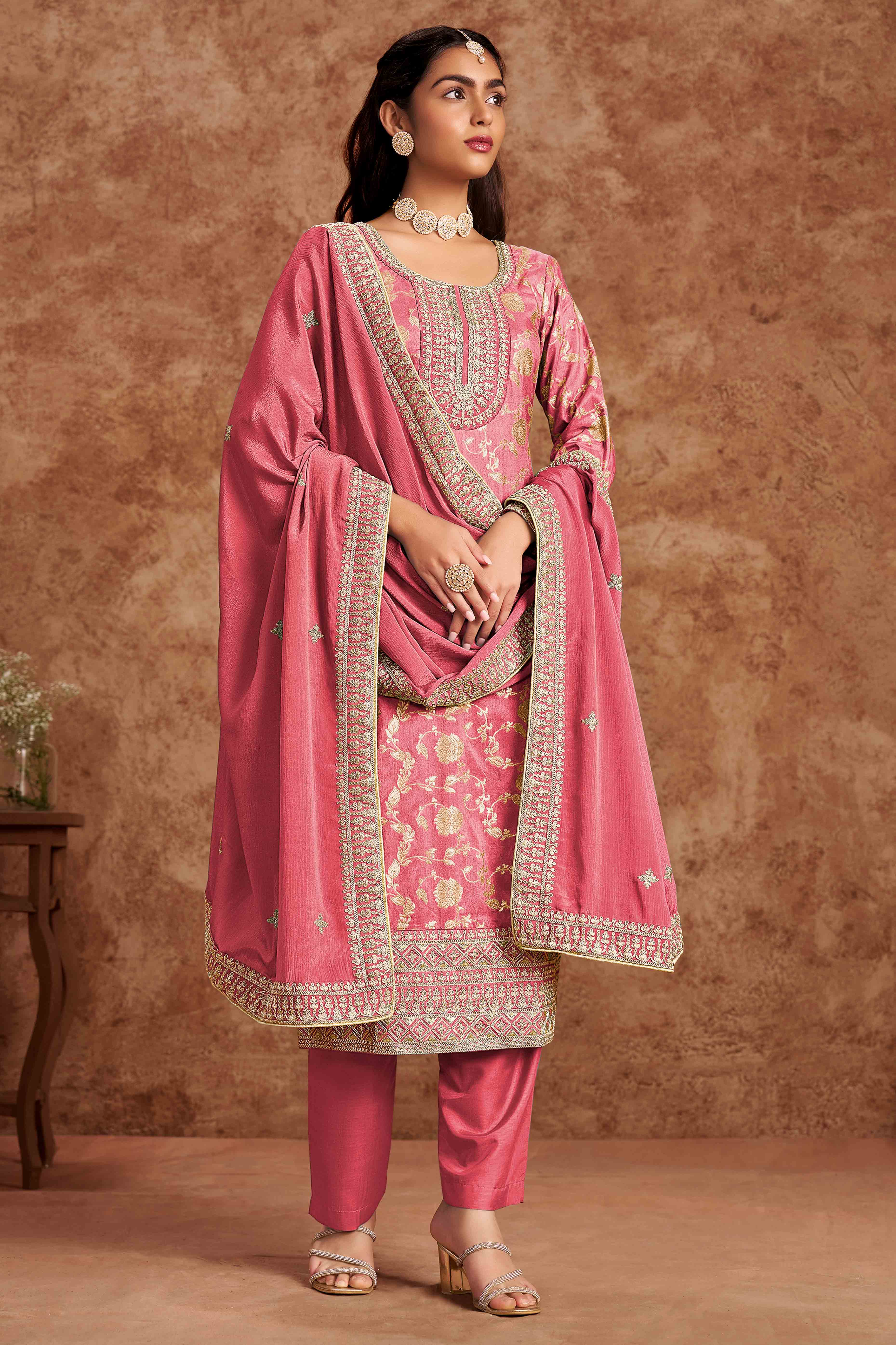 Peach Floral Woven Dola Silk Jacquard Dress Material
