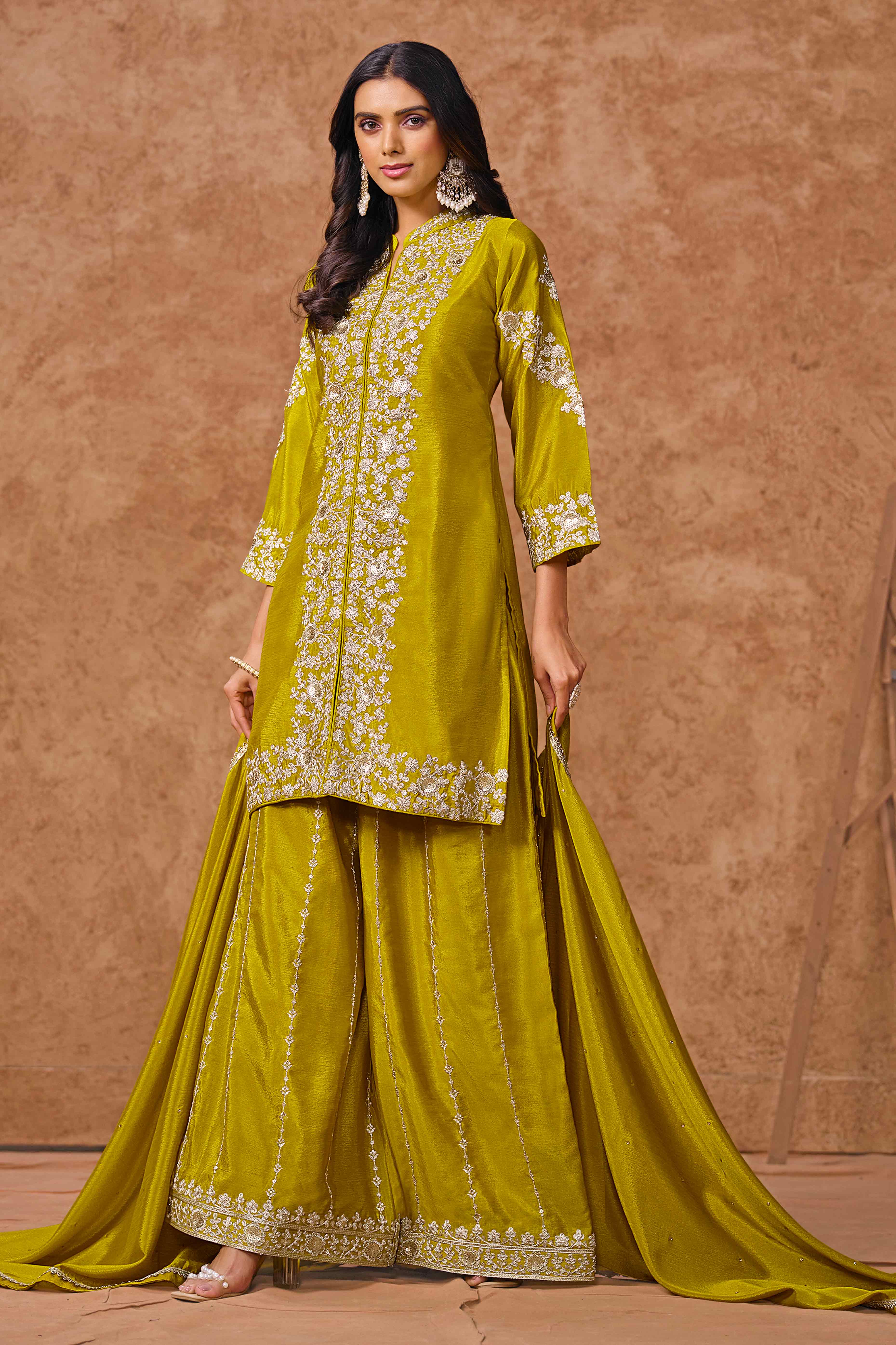 Mustard Chinon Palazzo Suit With Floral Sequins & Cording Embroidery Work