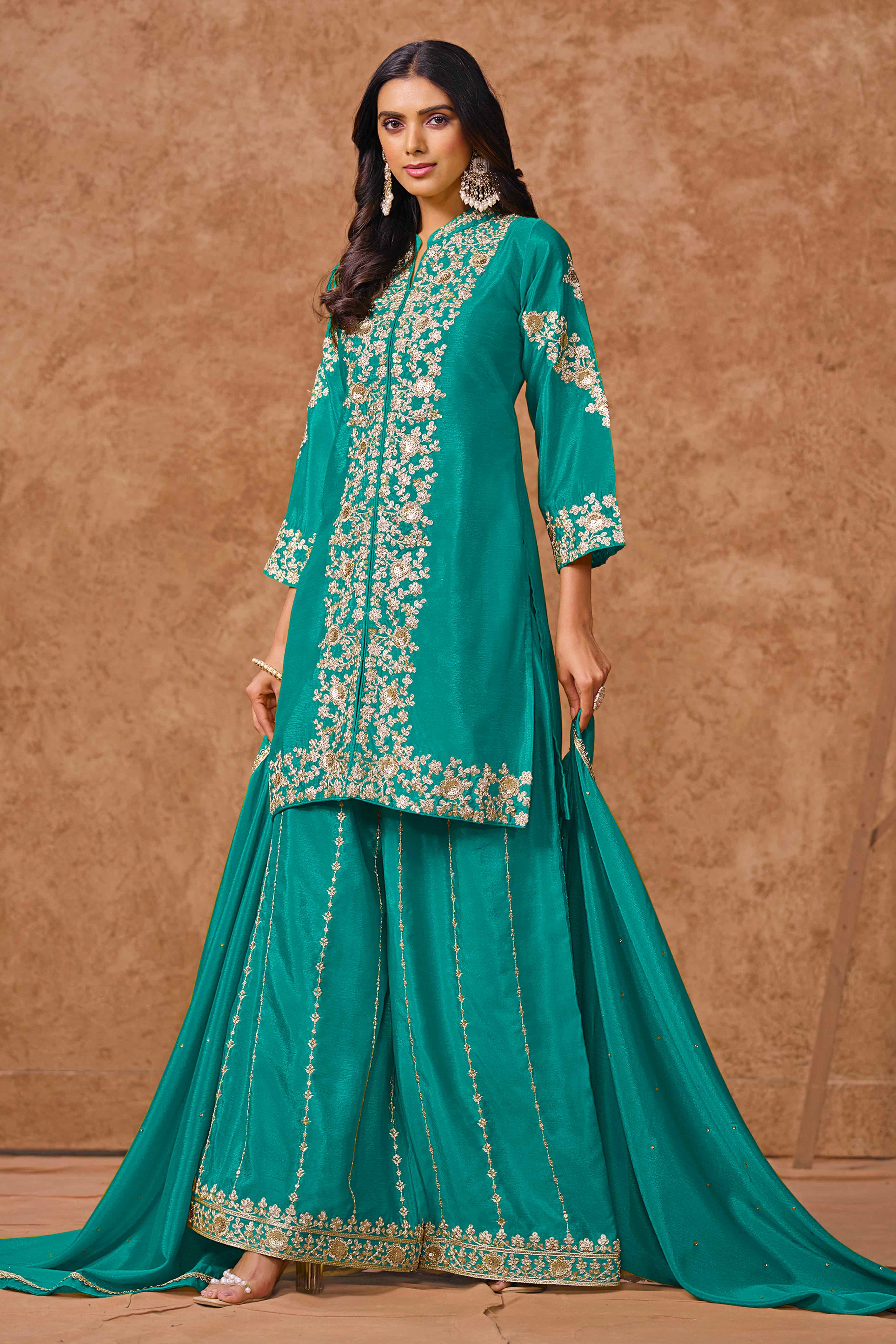 Rama Blue Chinon Palazzo Suit With Floral Sequins & Cording Embroidery Work