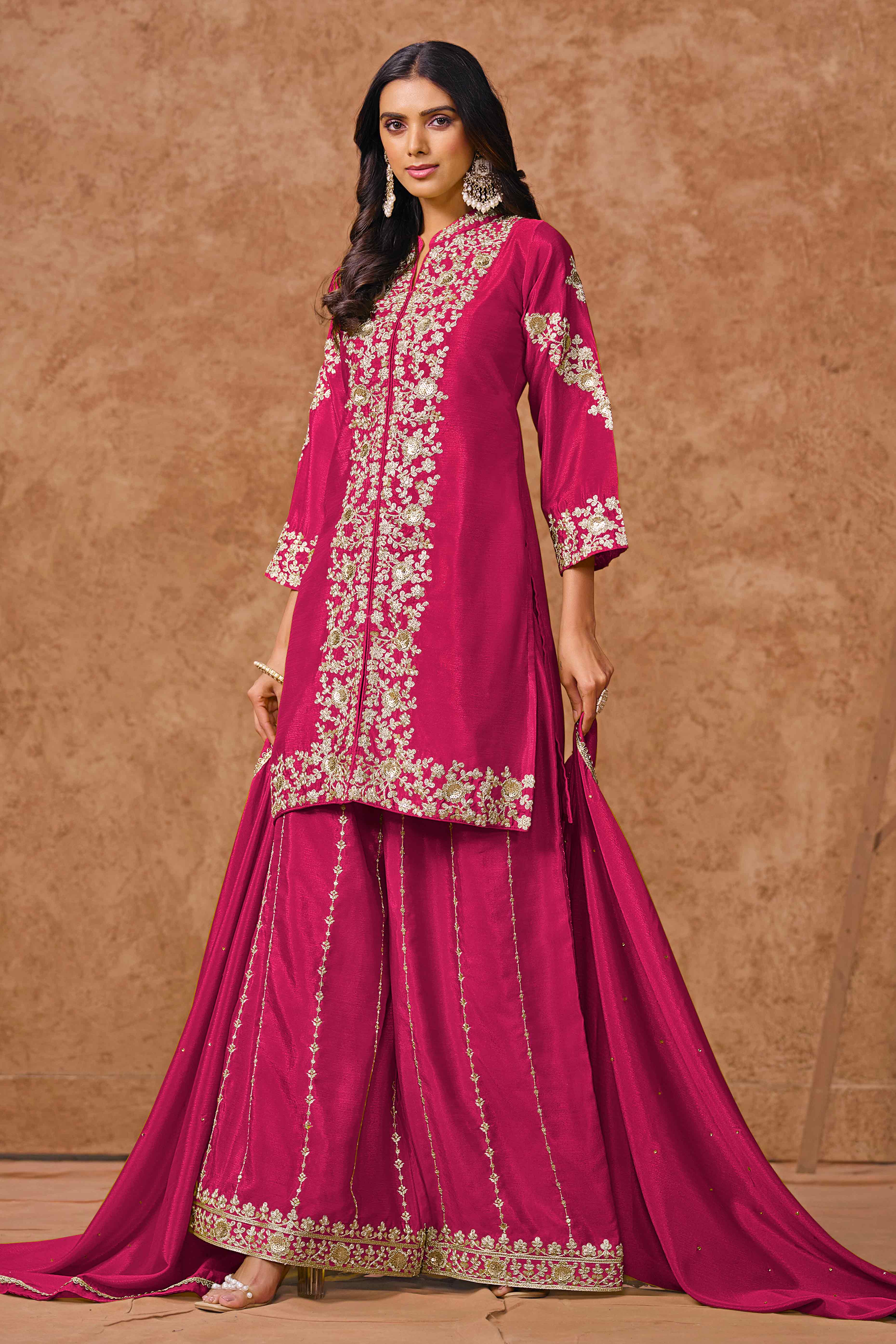 Rani Pink Chinon Palazzo Suit With Floral Sequins & Cording Embroidery Work