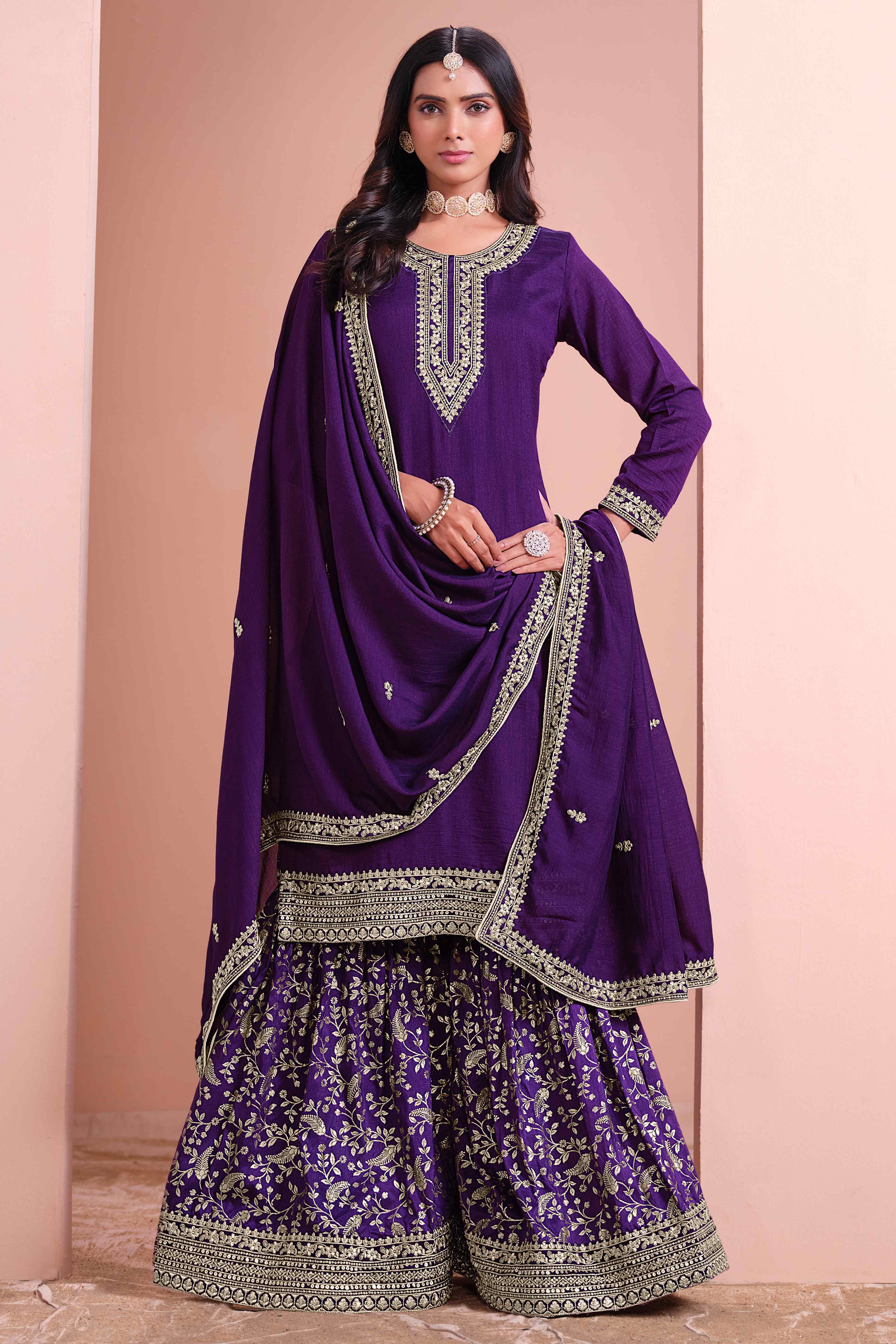 Purple Floral Semi-Stitched Art Silk Sharara Suit With Sequins Embroidery Work