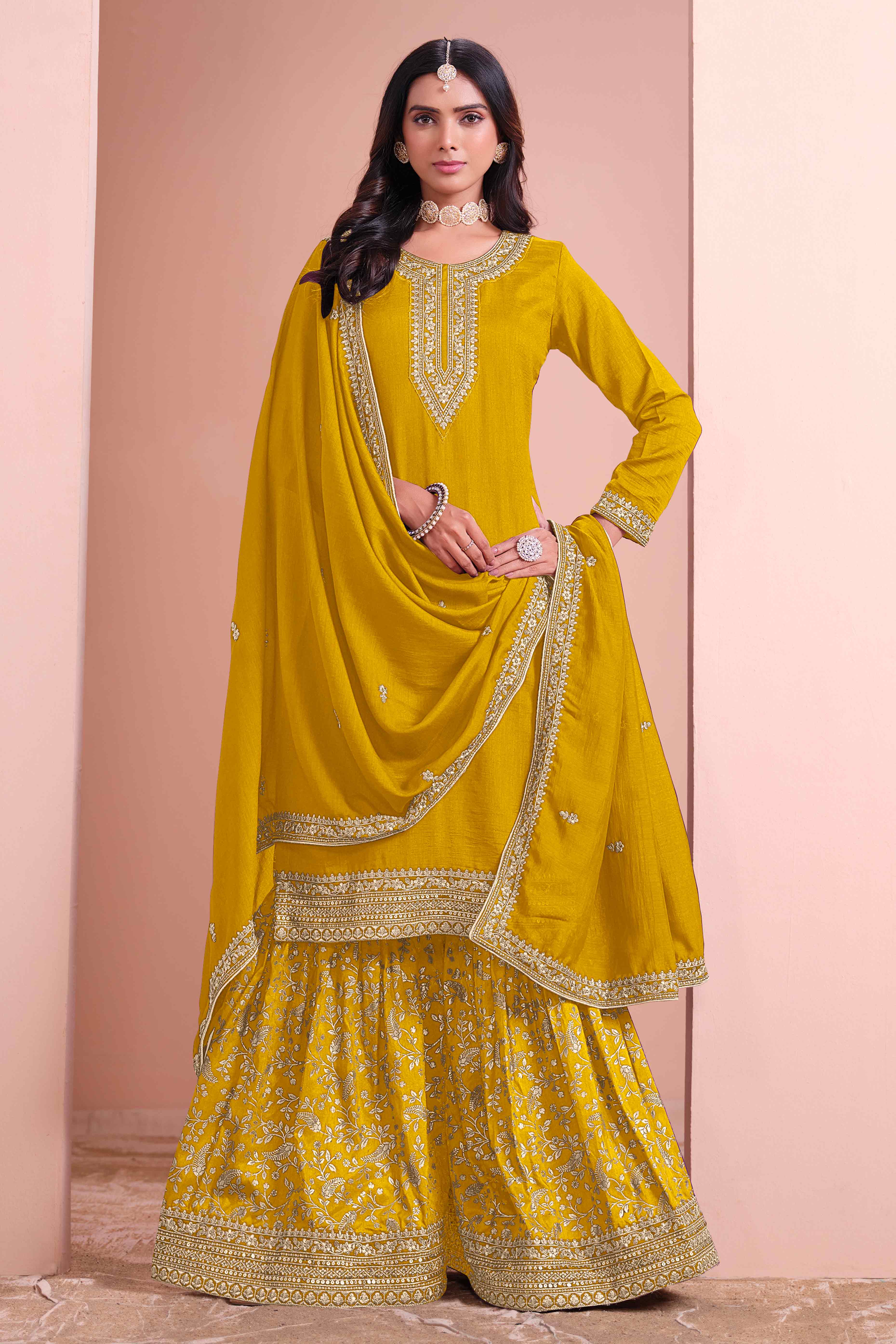 Mustard Floral Semi-Stitched Art Silk Sharara Suit With Sequins Embroidery Work