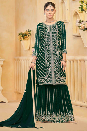 Green Georgette Palazzo Suit Adorned With Floral Sequins & Cording Embroidery