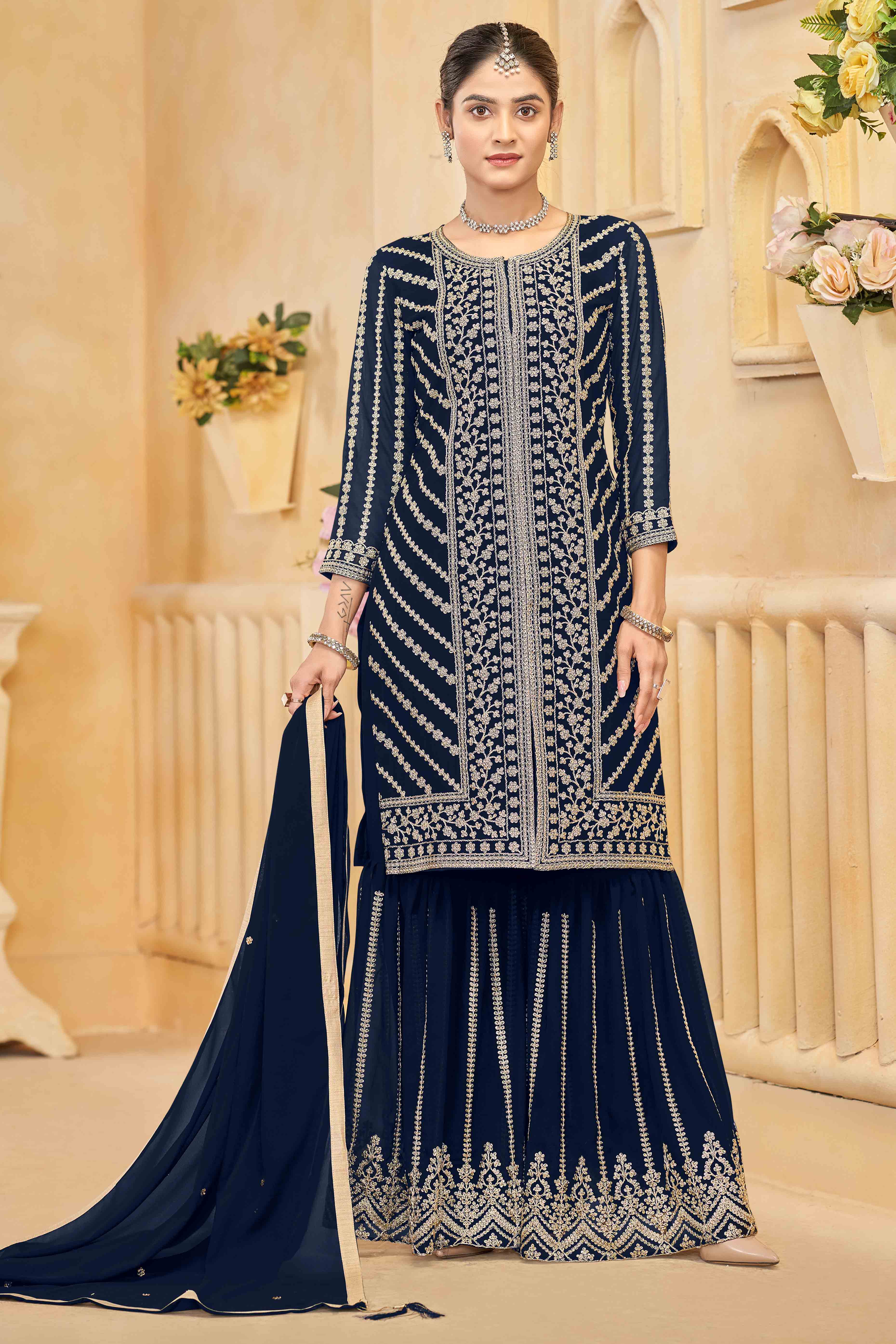 Navy Blue Georgette Palazzo Suit Adorned With Floral Sequins & Cording Embroidery