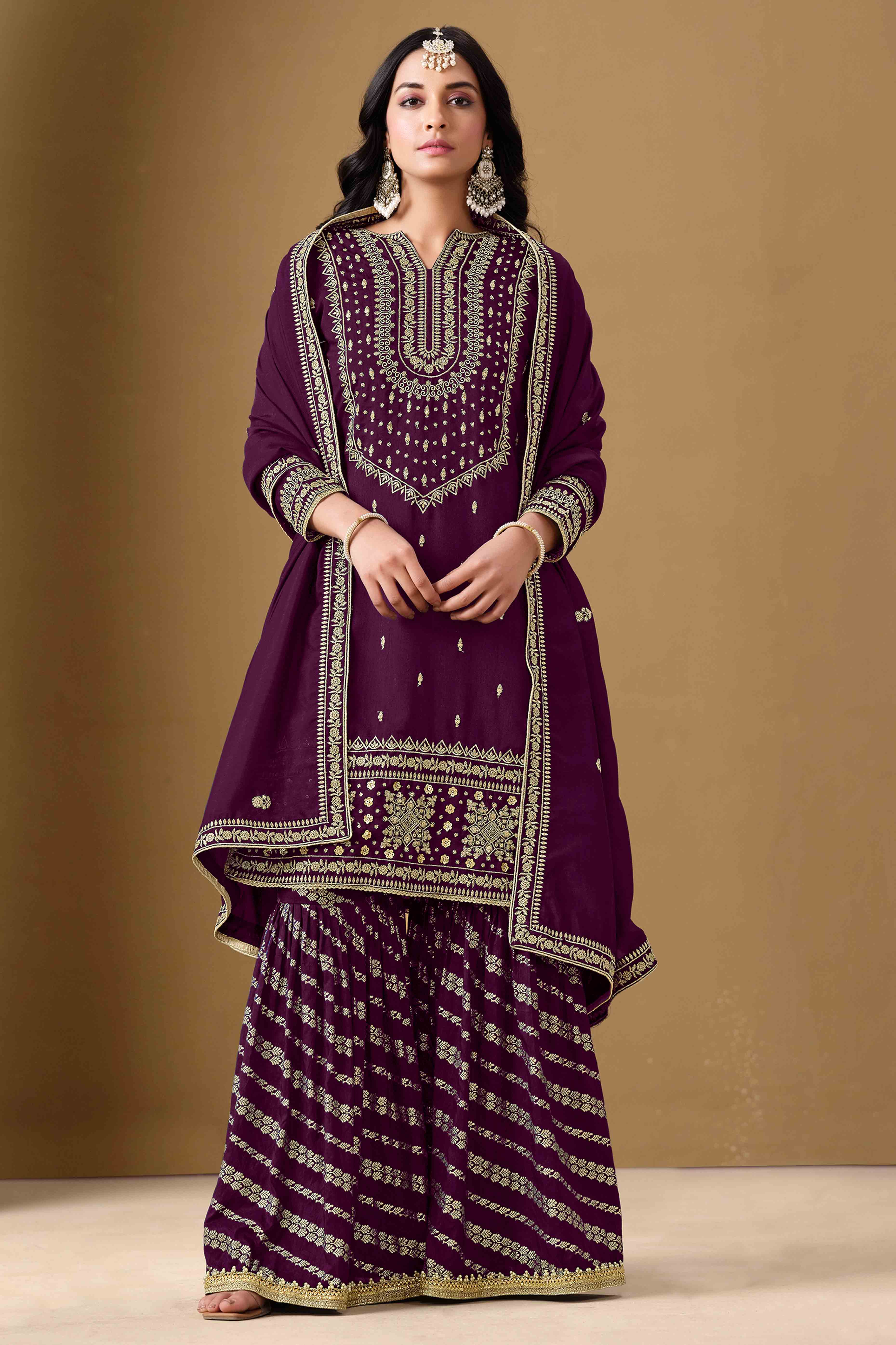 Wine Art Silk Sharara Suit With Floral Sequins Embroidery Work