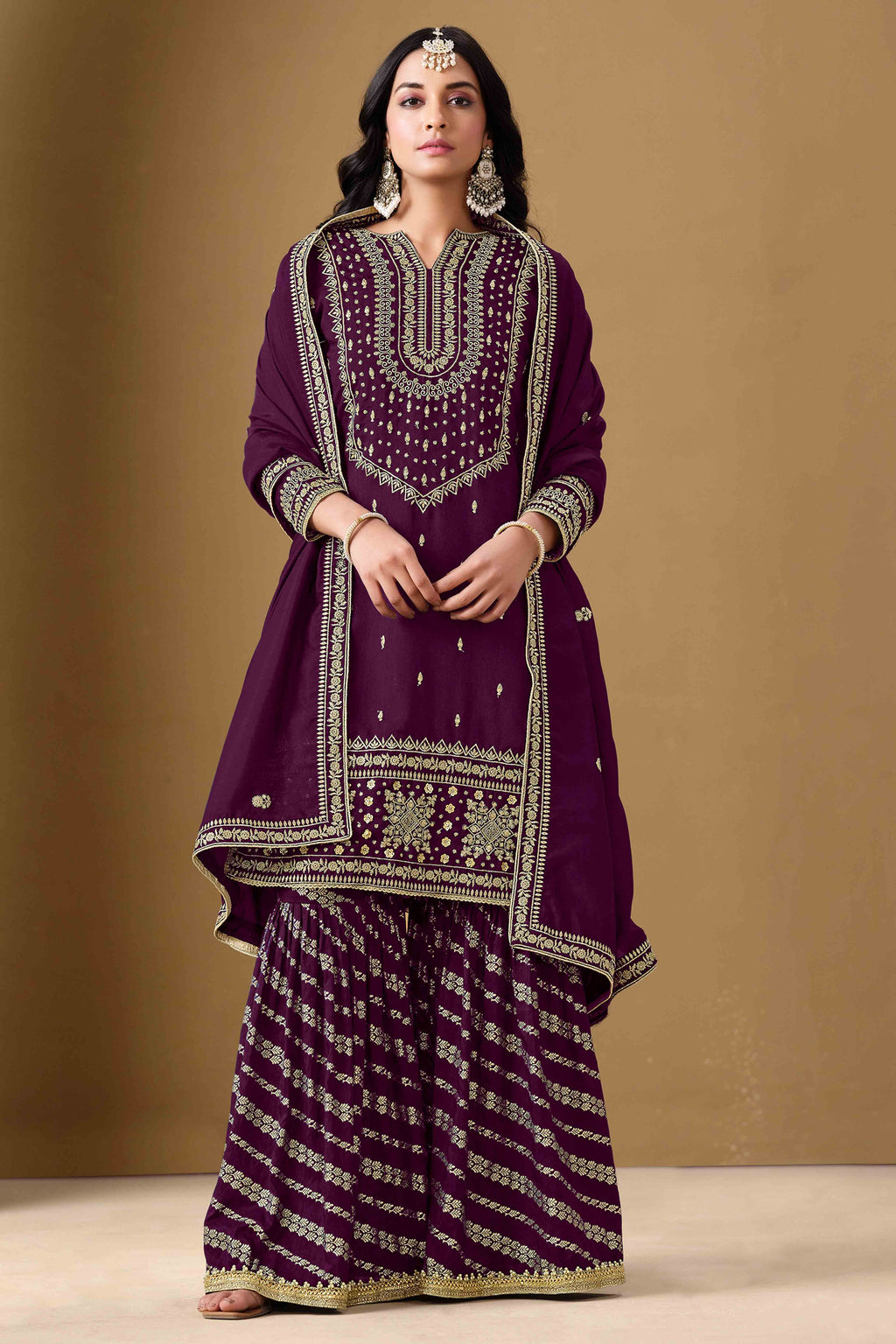 Prachi Desai Wine Silk Georgette Embroidered Sharara Suit main image 1