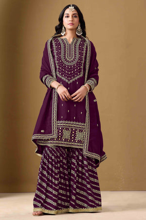 Wine Art Silk Sharara Suit With Floral Sequins Embroidery Work