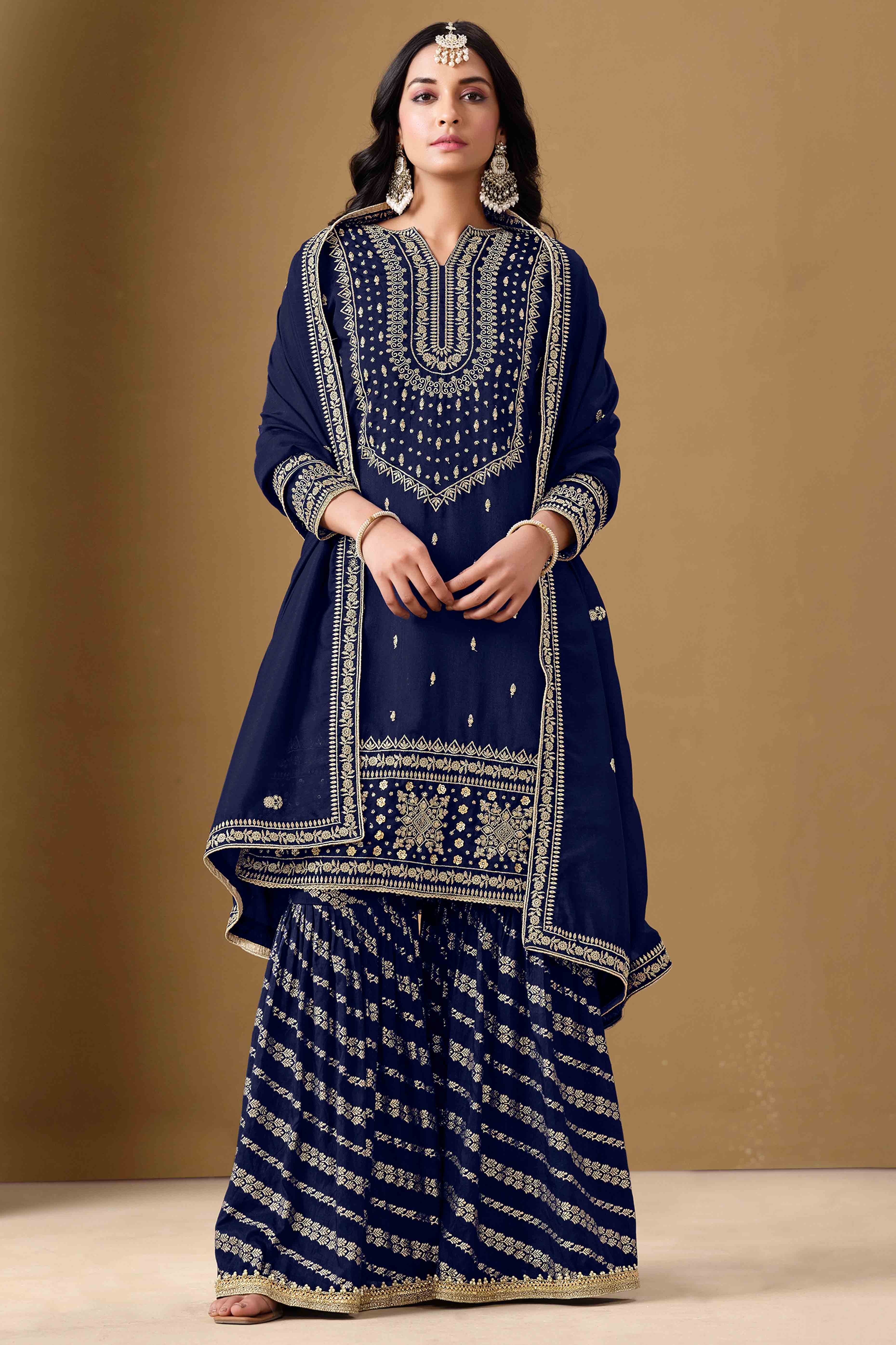 Navy Blue Art Silk Sharara Suit With Floral Sequins Embroidery Work