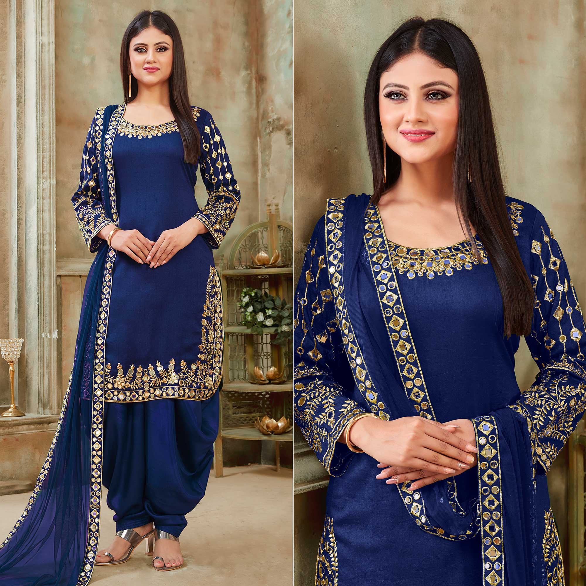 Blue Floral Embroidered Art Silk Patiala Suit