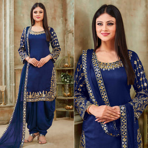 Blue Floral Embroidered Art Silk Patiala Suit