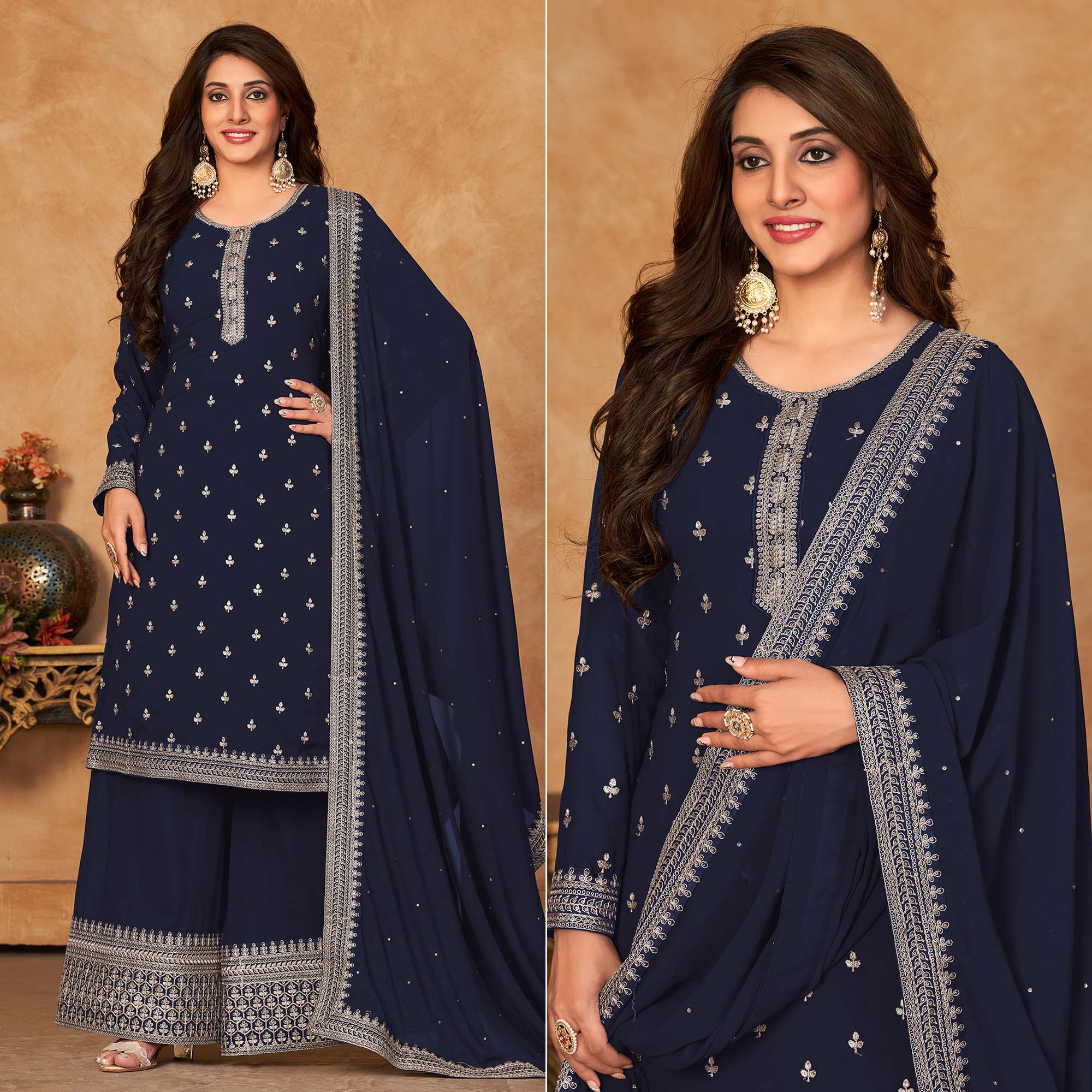 Blue Floral Embroidered Georgette Semi Stitched Suit