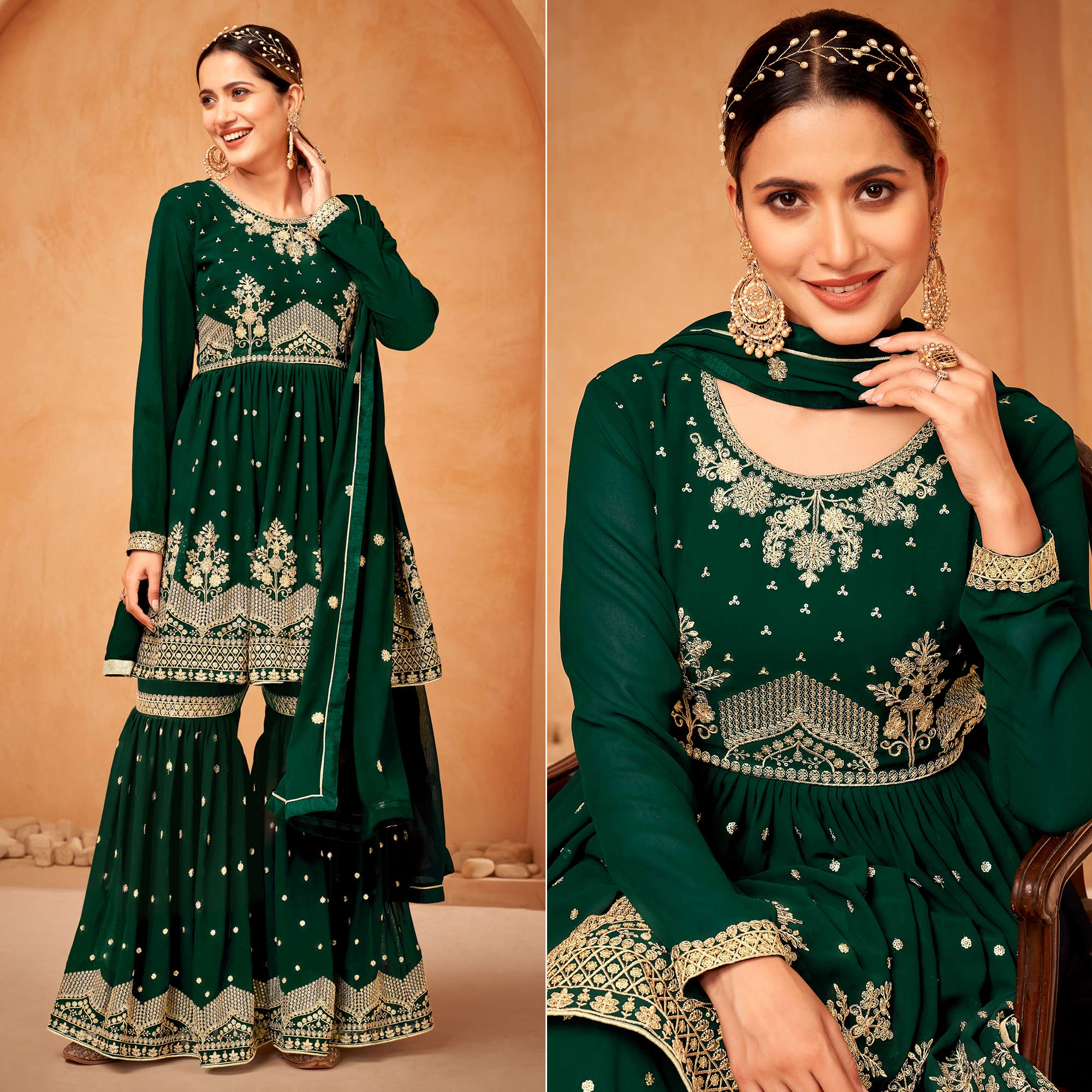 Green Floral Sequin Embroidered Georgette Semi Stitched Suit