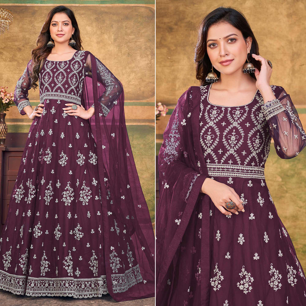 Slit Style Plum Purple Net Embellished Anarkali Pant Suit main image 1