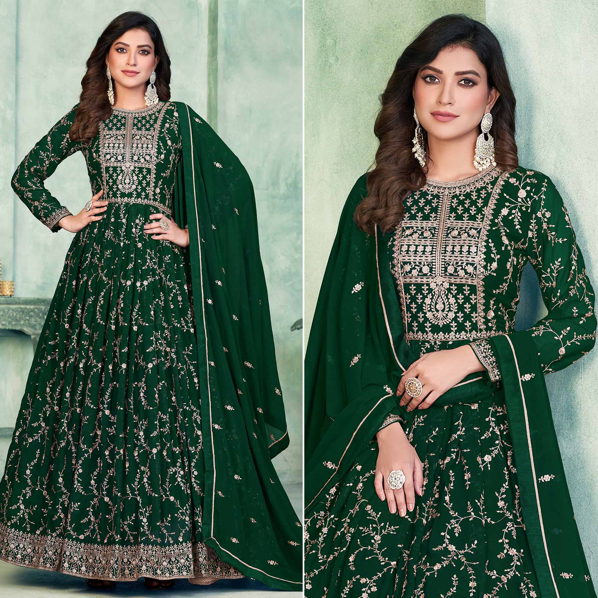 Green Embroidered Georgette Semi Stitched Anarkali Suit