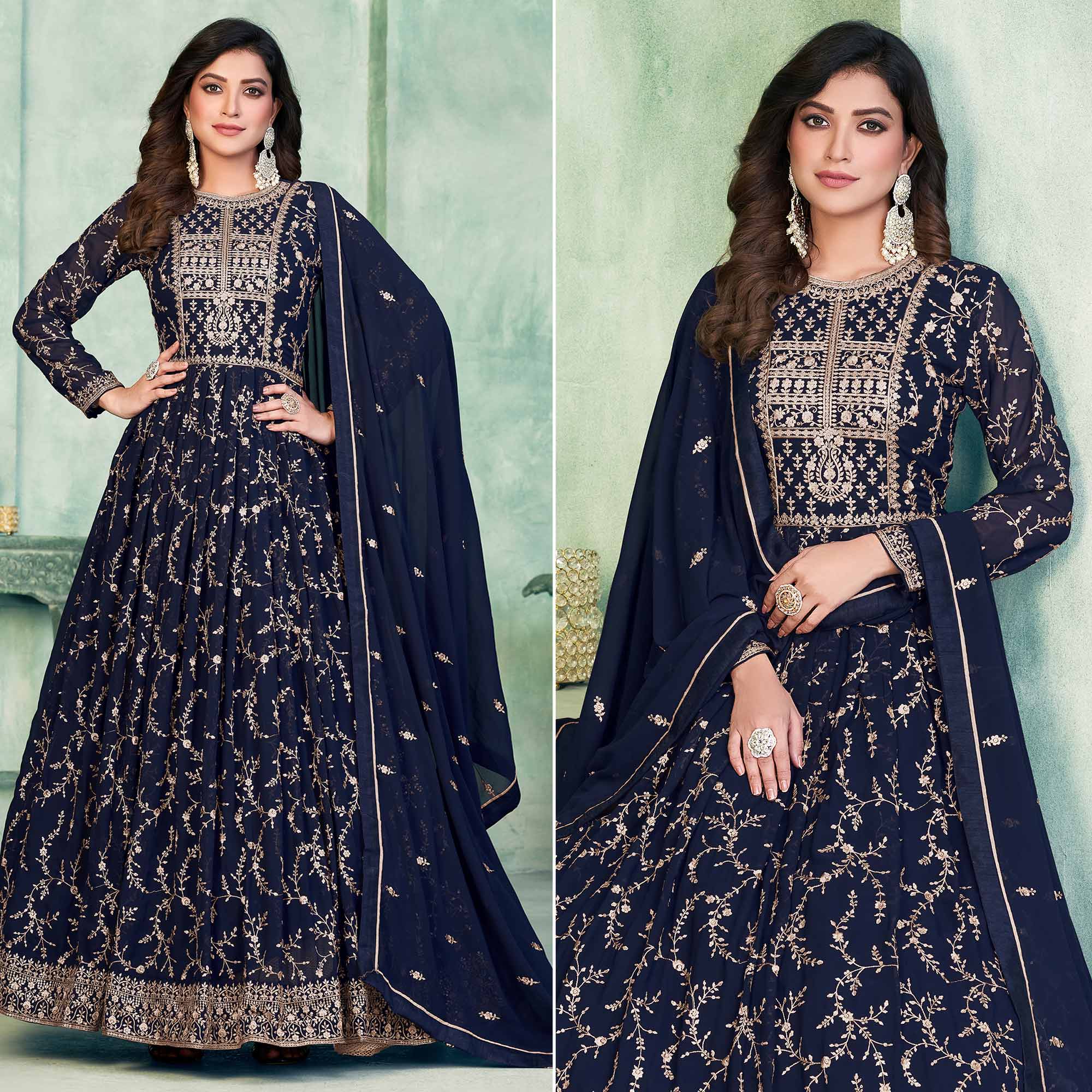 Blue Embroidered Georgette Semi Stitched Anarkali Suit