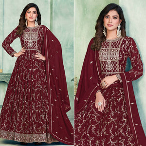 Maroon Embroidered Georgette Semi Stitched Anarkali Suit