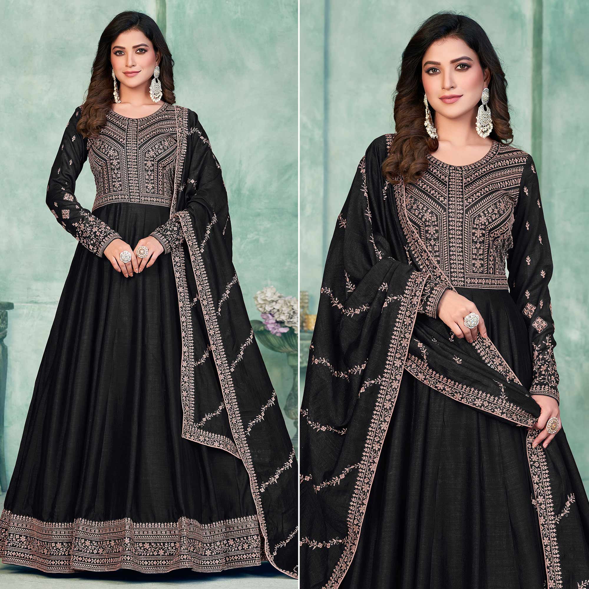 Black Embroidered Art Silk Semi Stitched Anarkali Suit
