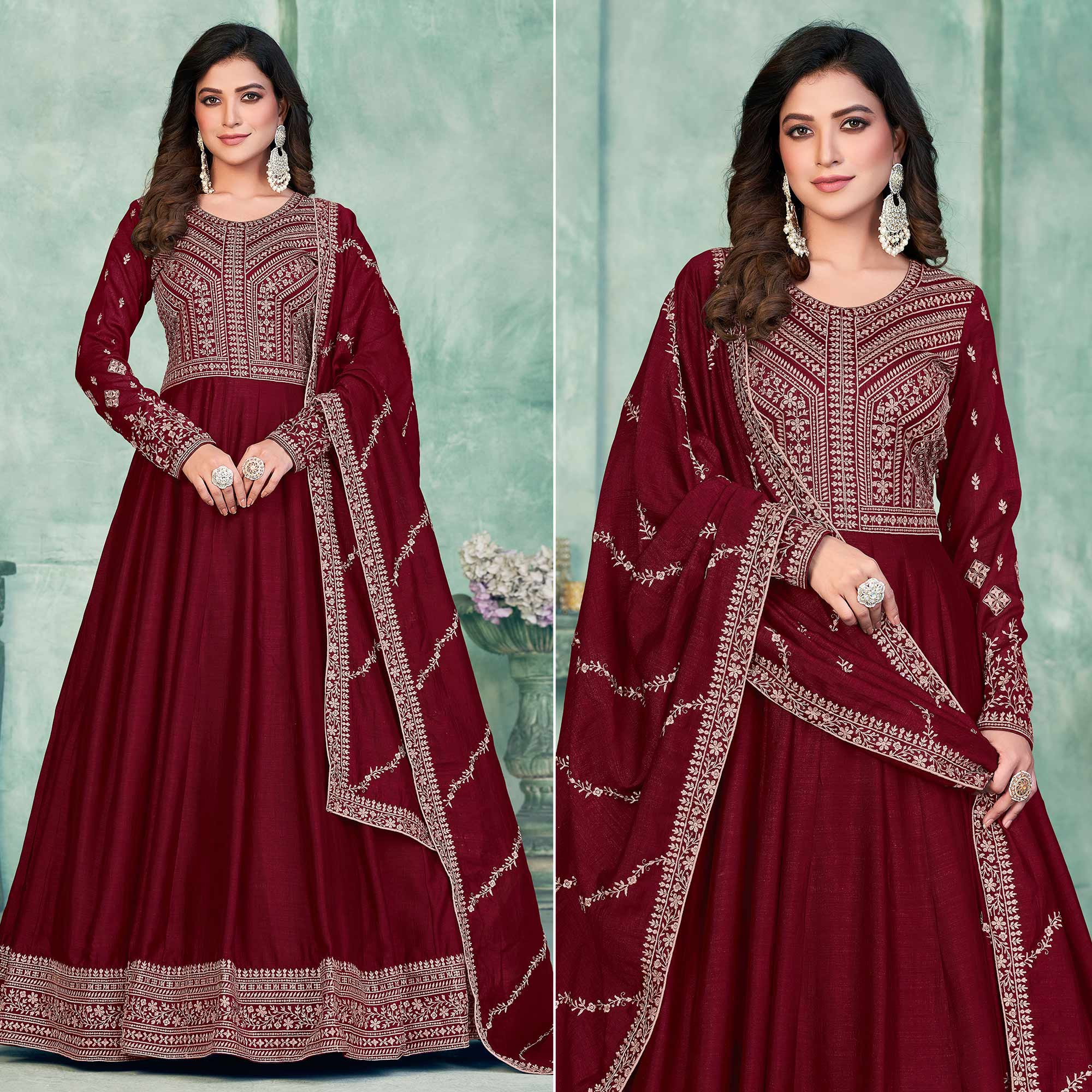 Maroon Embroidered Art Silk Semi Stitched Anarkali Suit